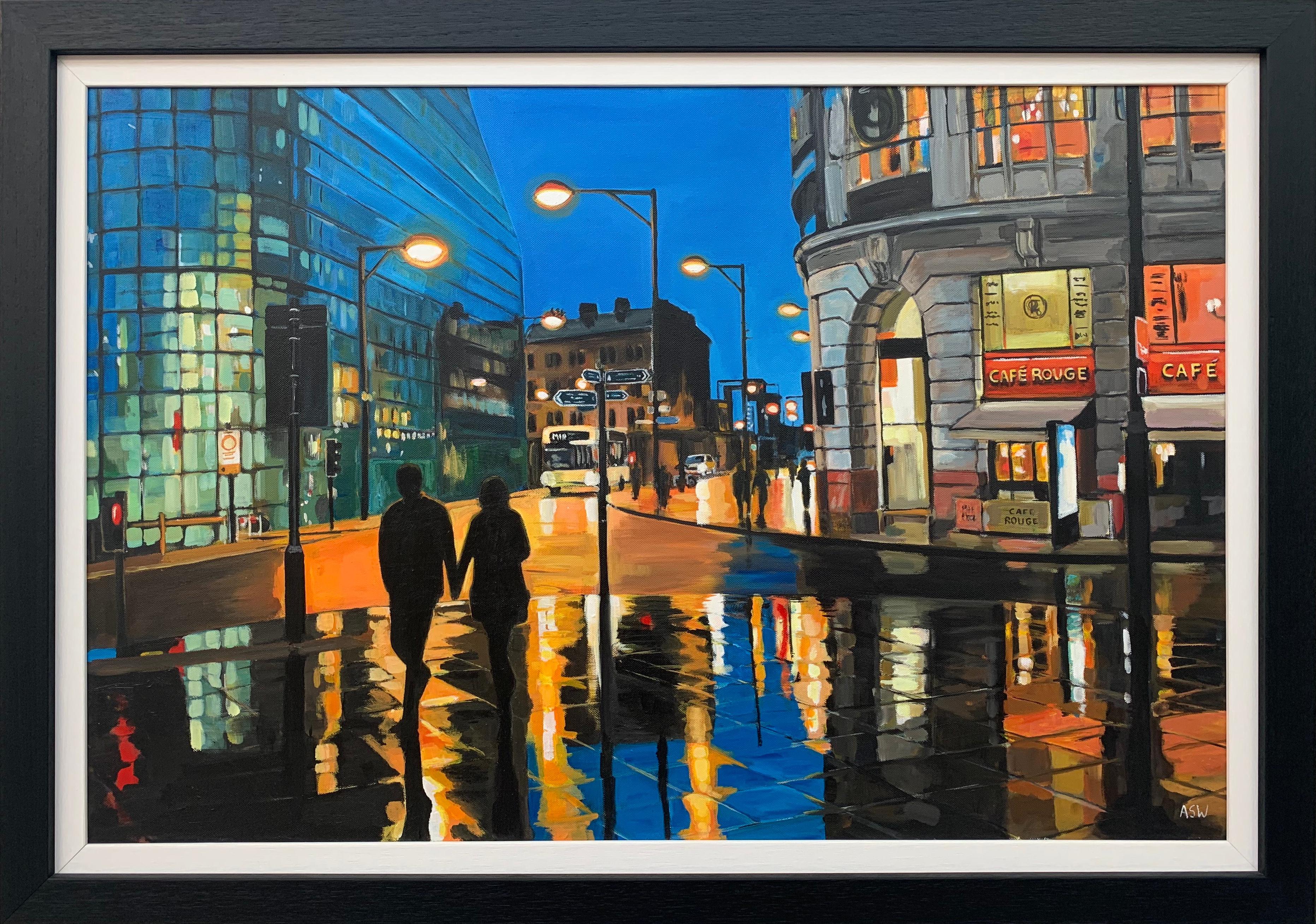 Reflections in the Rain Manchester City Street Scene England by British Artist