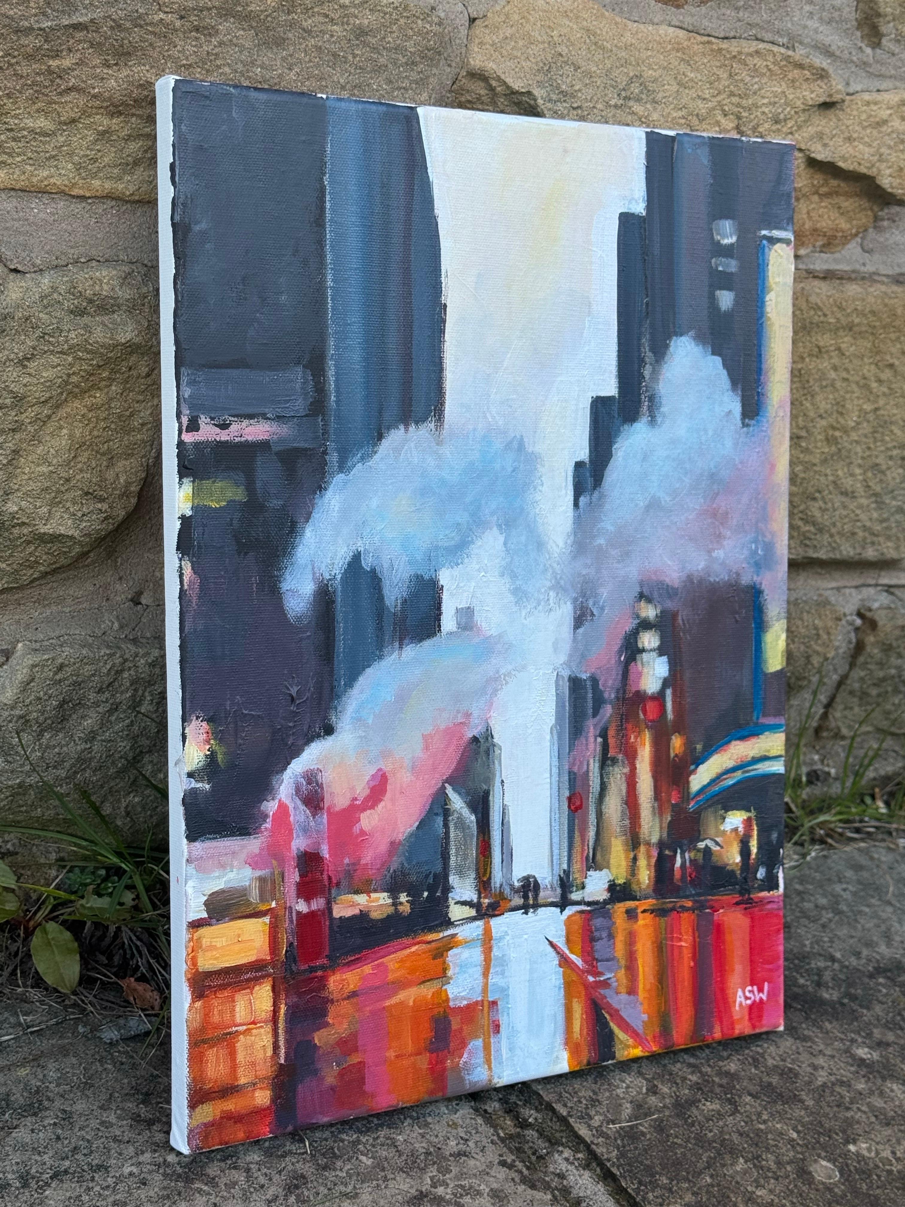 Reflets de personnages traversant une rue de New York avec des nuages de vapeur - Painting de Angela Wakefield