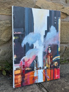 Riflessioni di figure che attraversano una strada di New York con nuvole di vapore