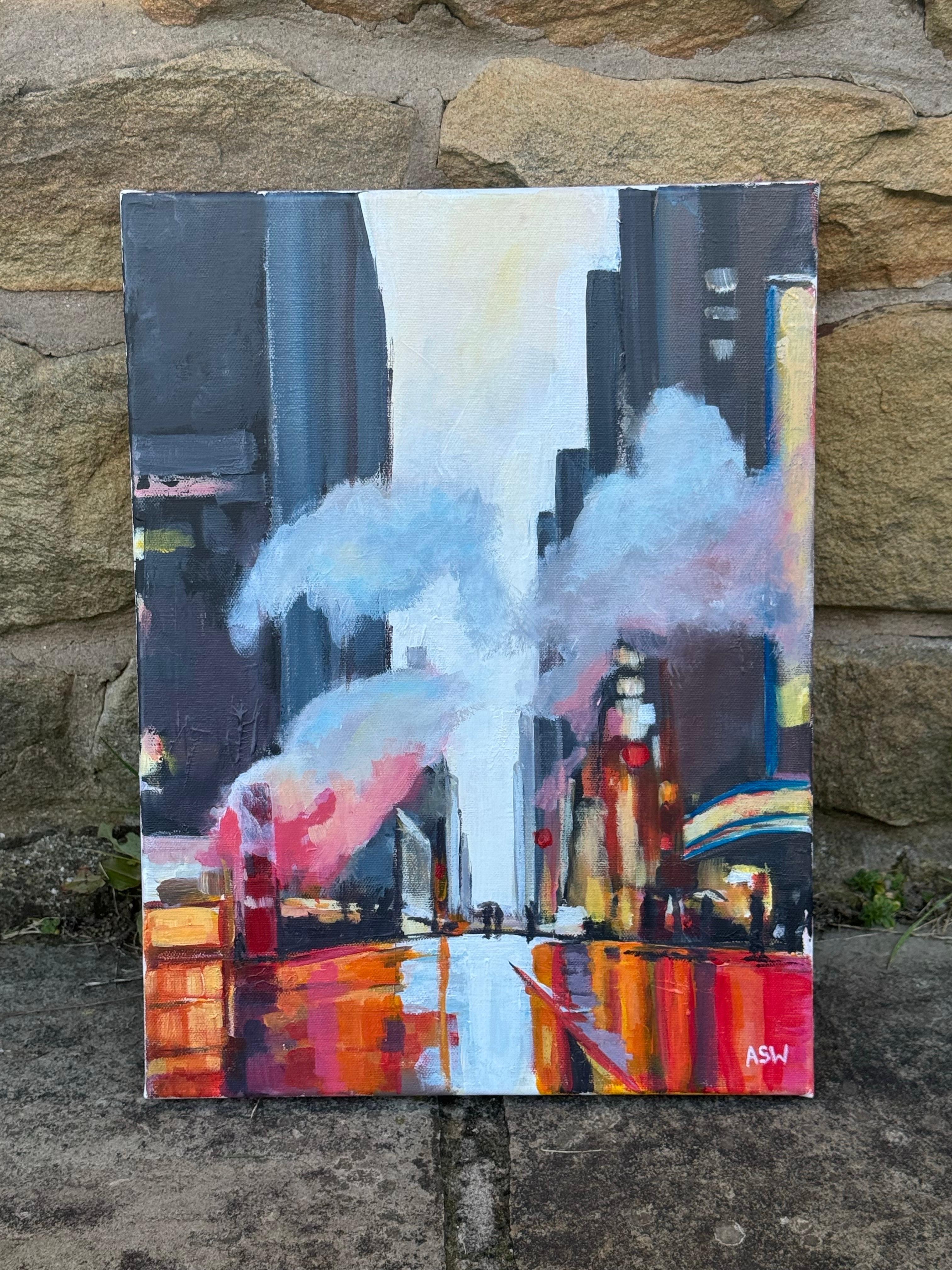 Reflets de personnages traversant une rue de New York avec des nuages de vapeur - Contemporain Painting par Angela Wakefield