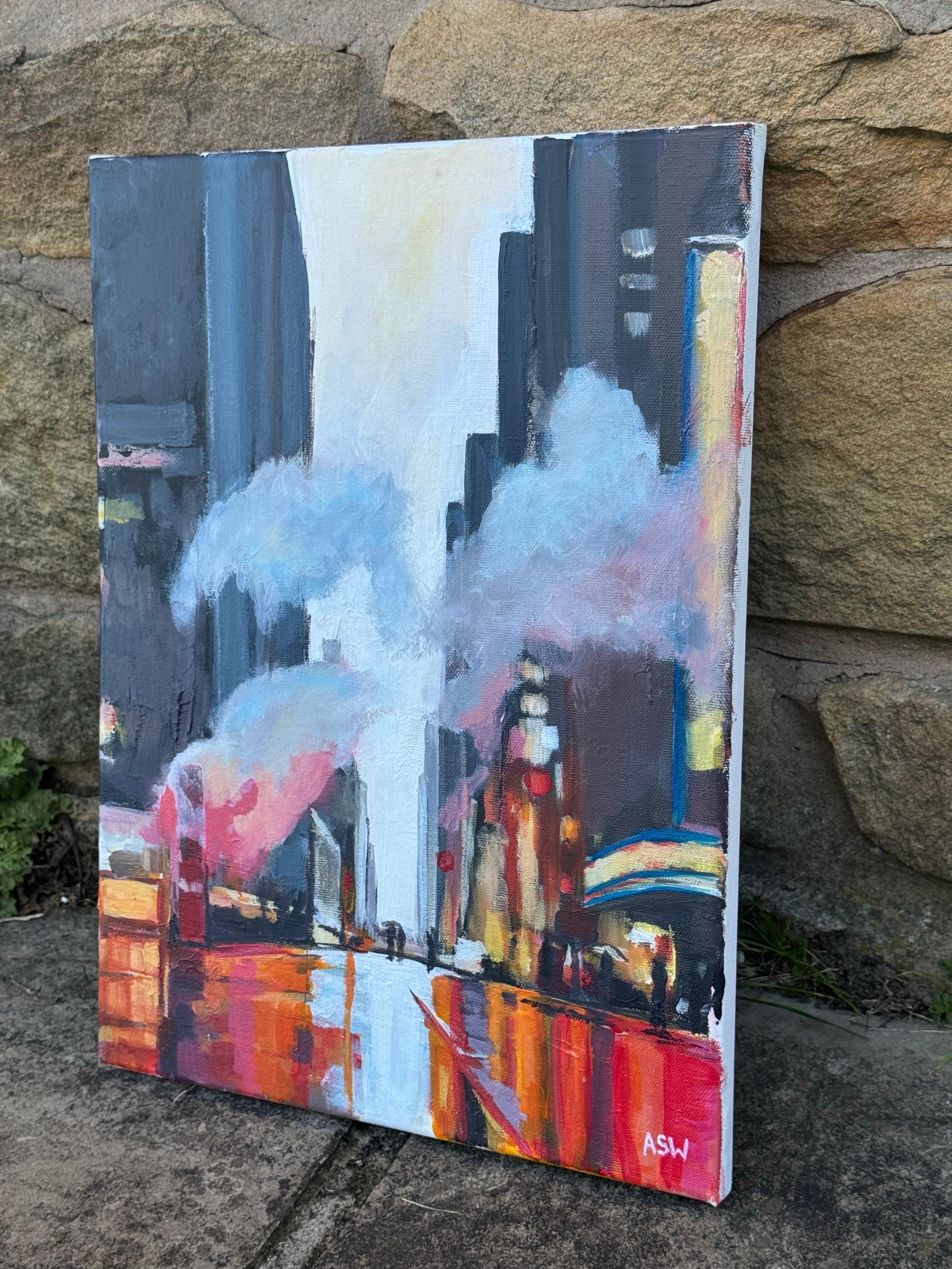 Reflets de personnages traversant une rue de New York avec des nuages de vapeur - Gris Figurative Painting par Angela Wakefield