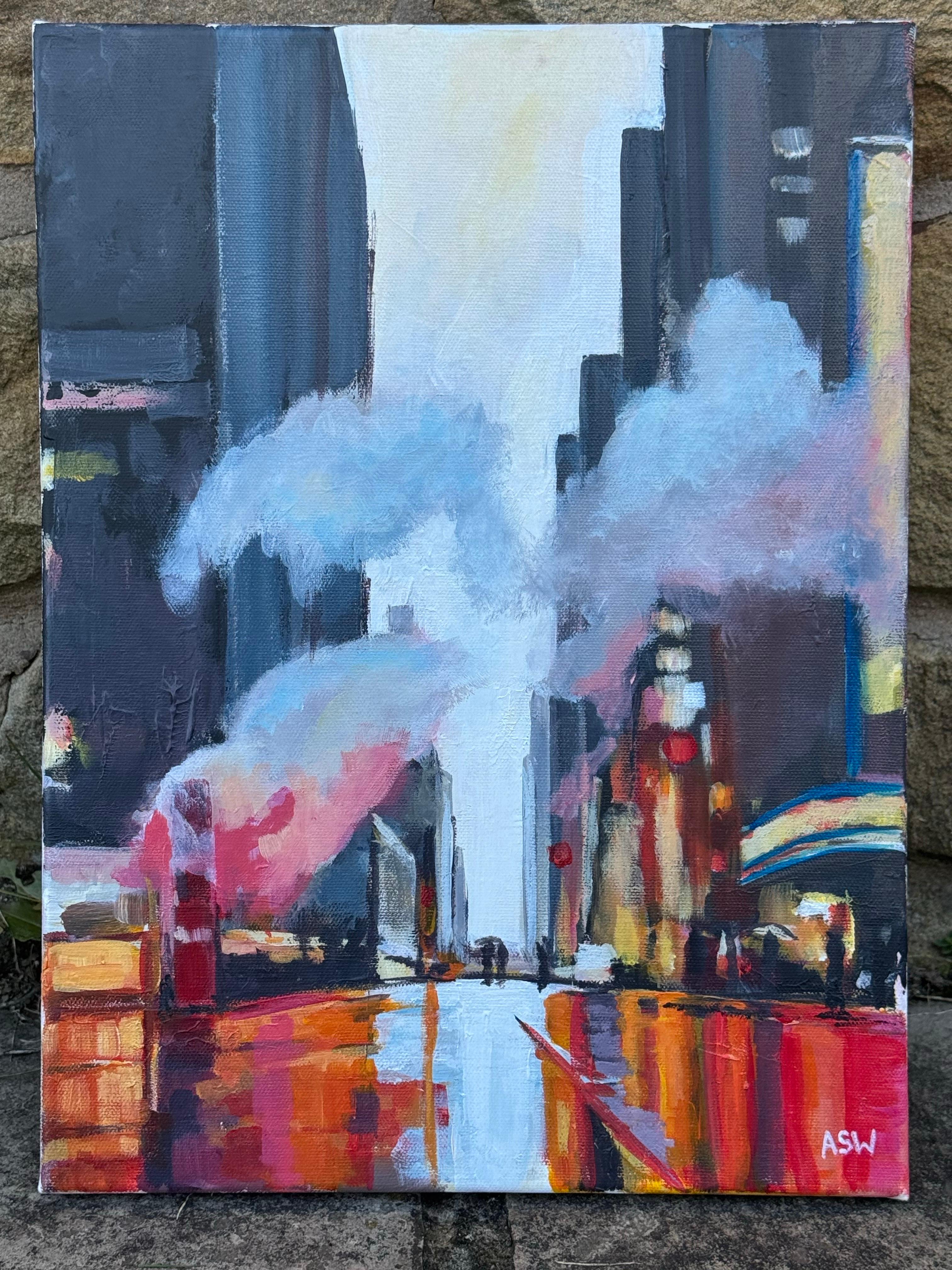 Reflets de figures traversant une rue de New York avec des nuages de vapeur - Étude de peinture par l'artiste britannique de paysages urbains - un original unique de l'artiste contemporaine de premier plan, Angela Wakefield. Fait partie de la