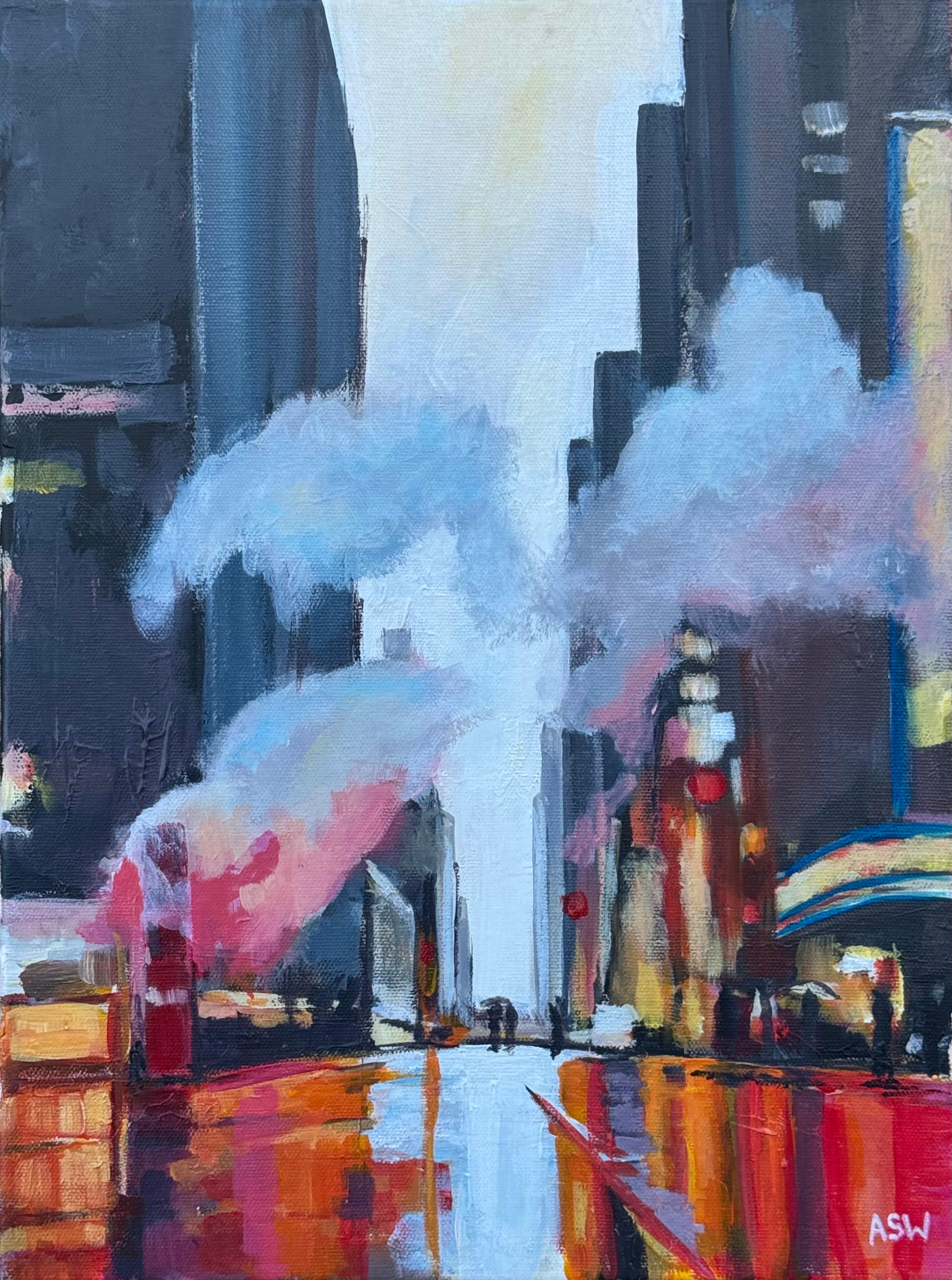 Figurative Painting Angela Wakefield - Reflets de personnages traversant une rue de New York avec des nuages de vapeur