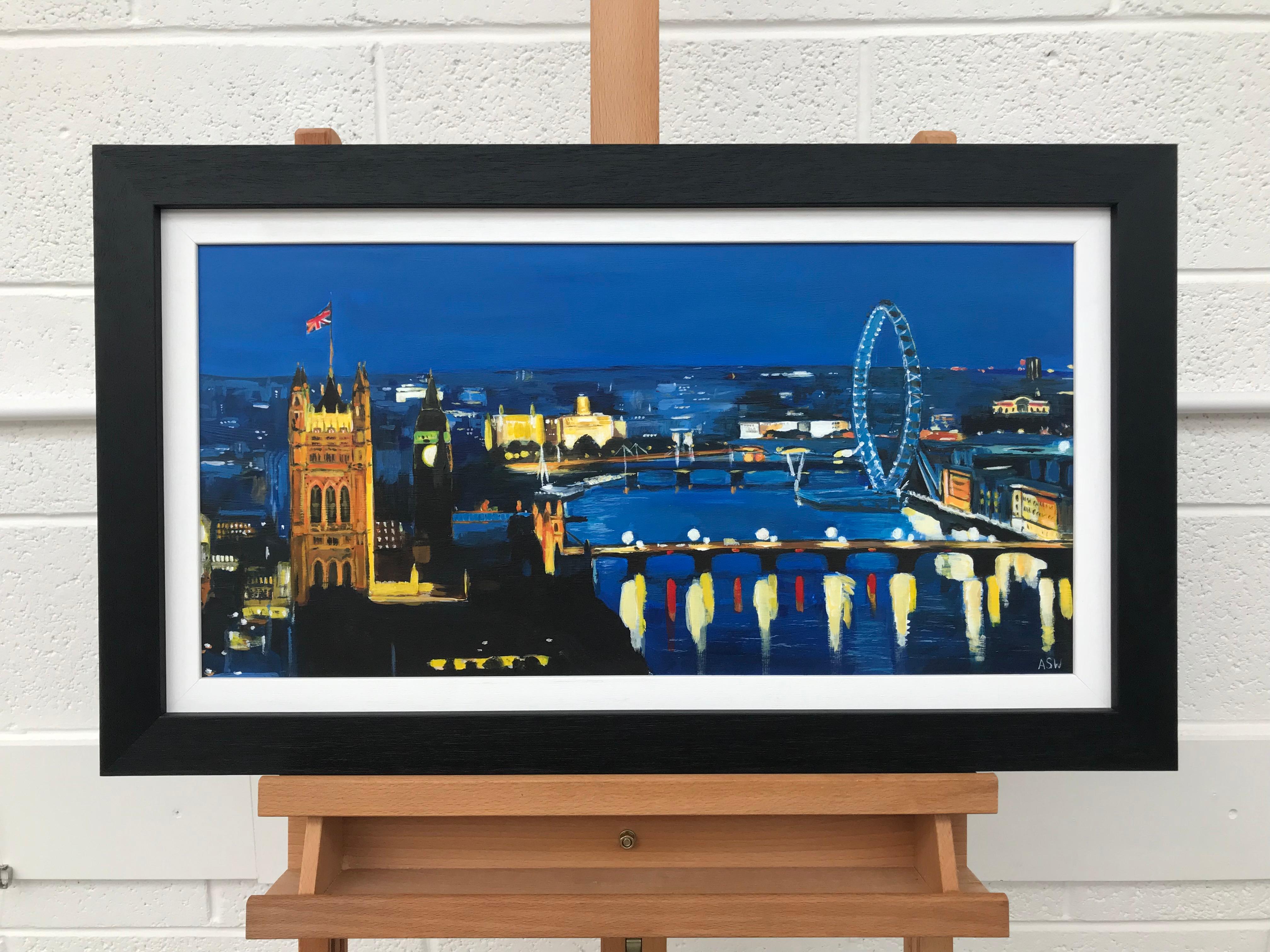 City of London River Thames at Night with Big Ben Westminster by British Artist (Blau), Figurative Painting, von Angela Wakefield