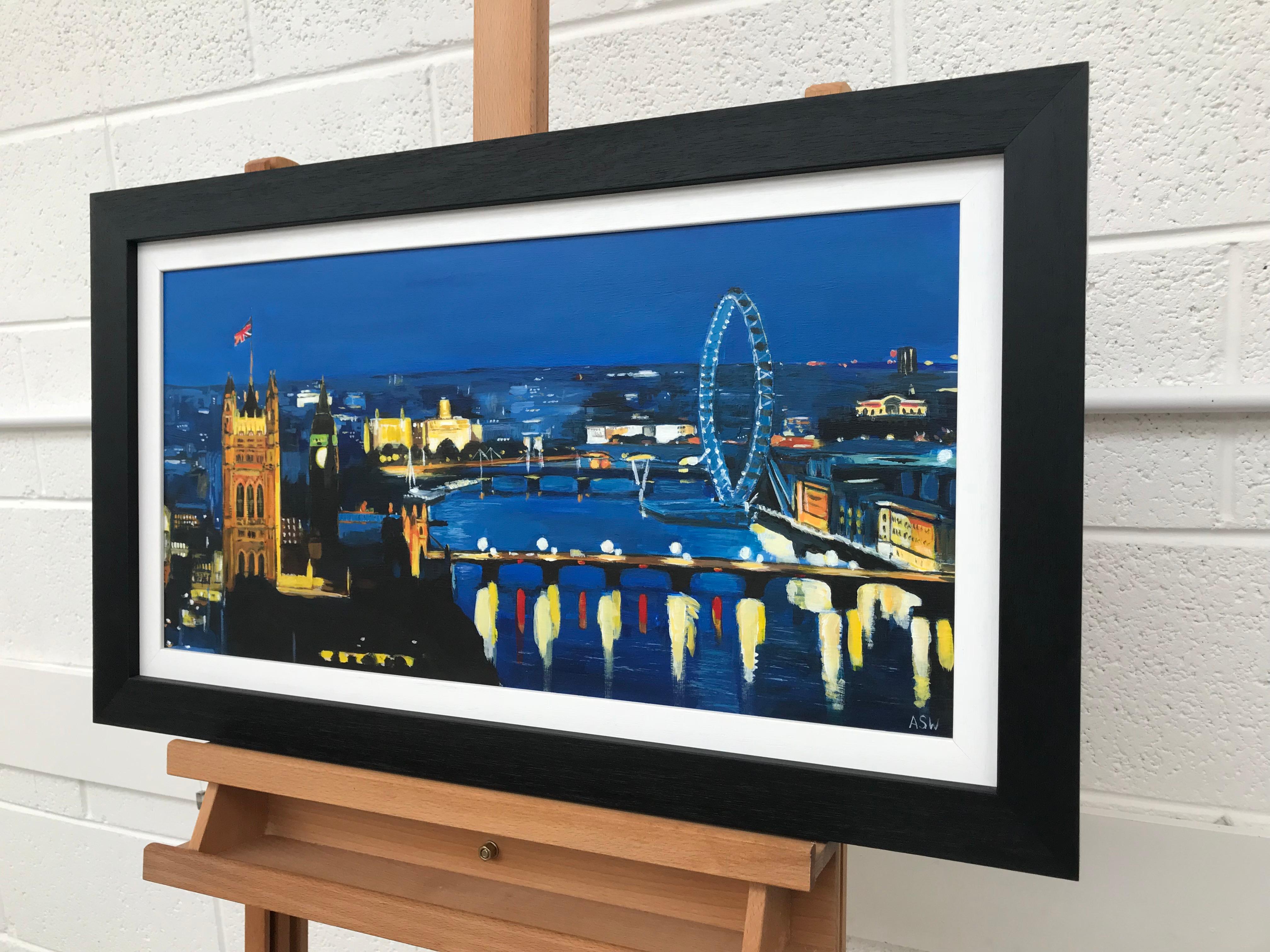 Unique Original Painting of the City of London River Thames at Night with Big Ben, Westminster, by British Urban Landscape Artist, Angela Wakefield. Thames, London by Night No.4 is part of Angela's London Collection.

Art measures 24 x 12