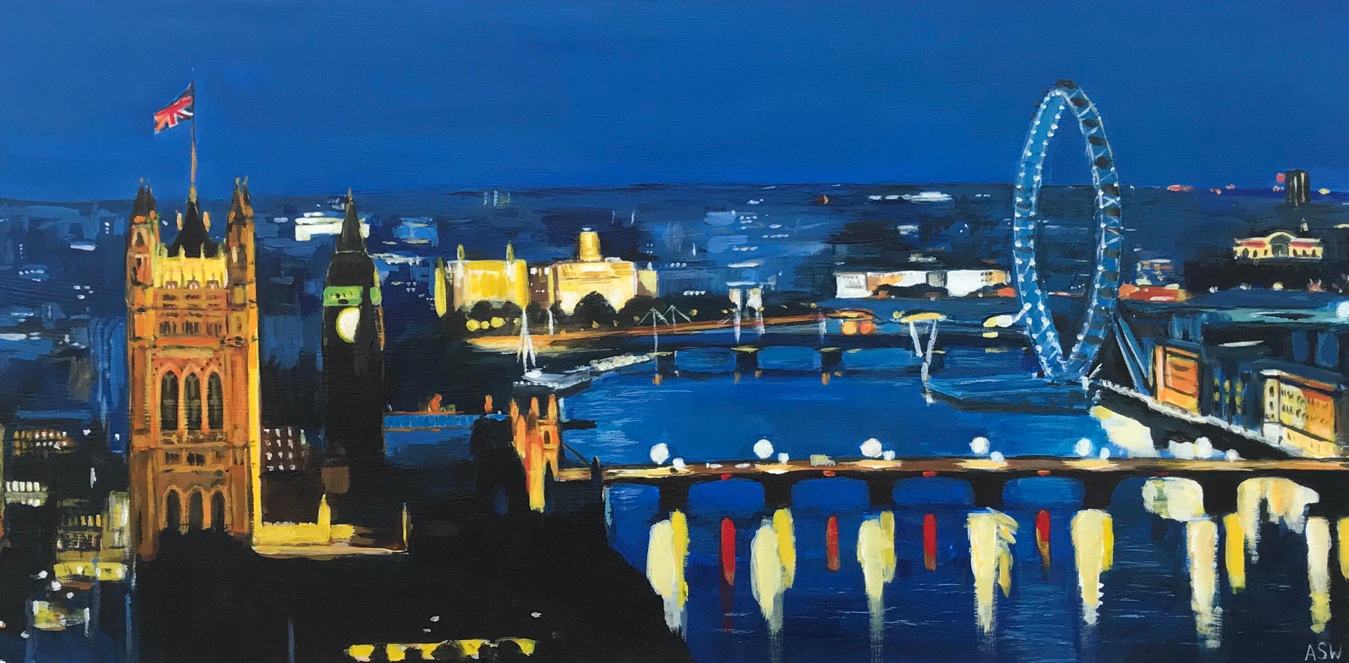 Unique Original Painting of the City of London River Thames at Night with Big Ben, Westminster, by British Urban Landscape Artist, Angela Wakefield. Thames, London by Night No.4 is part of Angela's London Collection.

Art measures 24 x 12