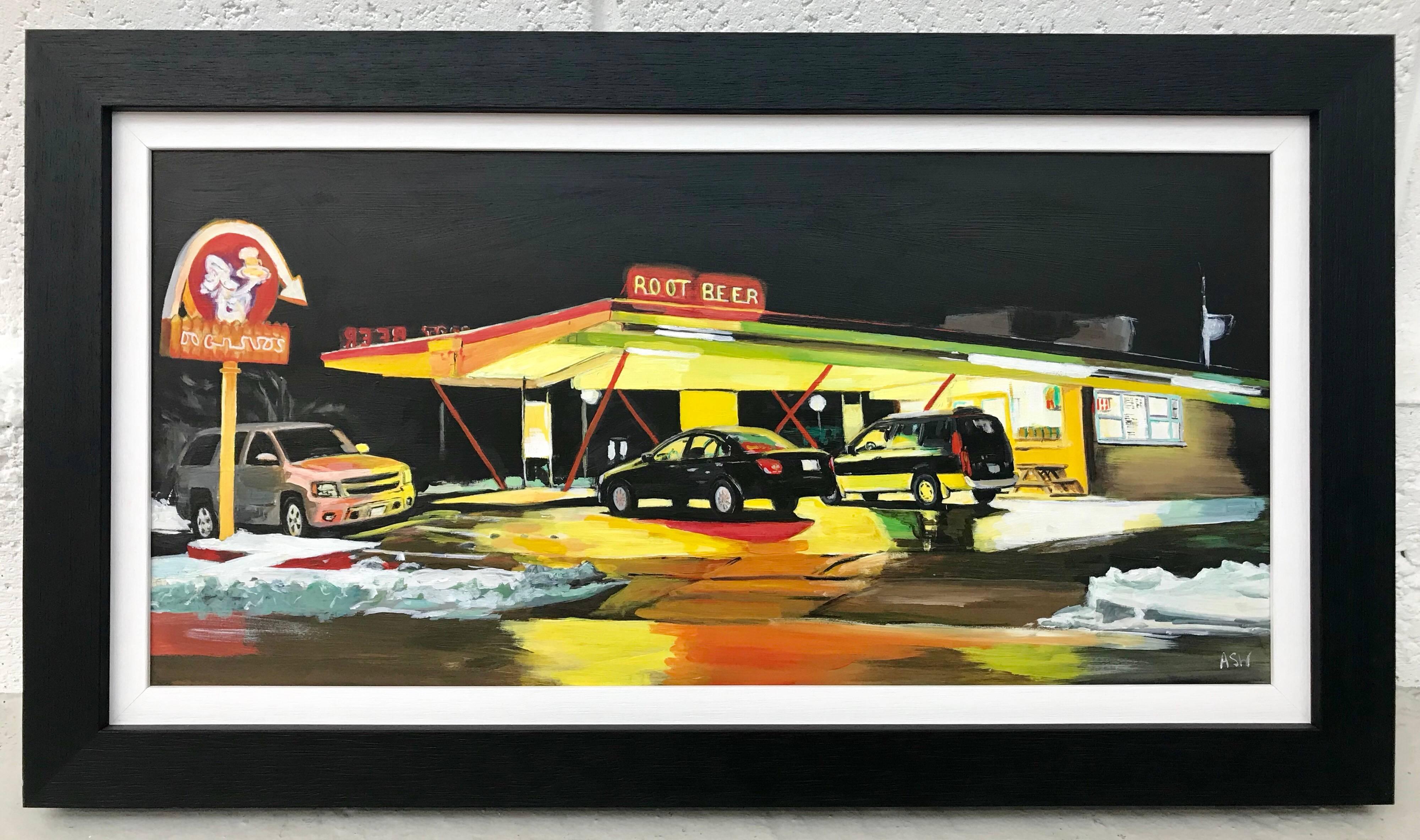 Route 66 Root Beer - Peinture d'une station de gaz américaine par un artiste contemporain britannique - Noir Landscape Painting par Angela Wakefield