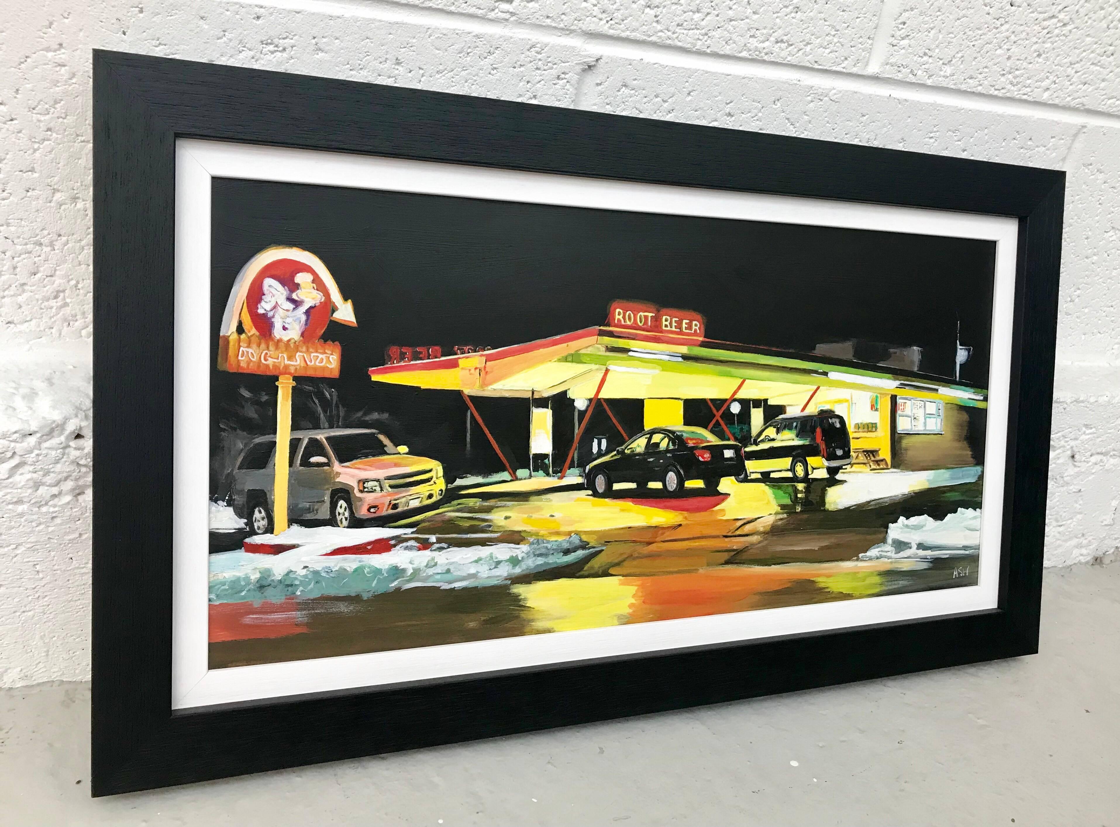 Route 66 Root Beer - Peinture d'une station de gaz américaine par un artiste contemporain britannique - Contemporain Painting par Angela Wakefield