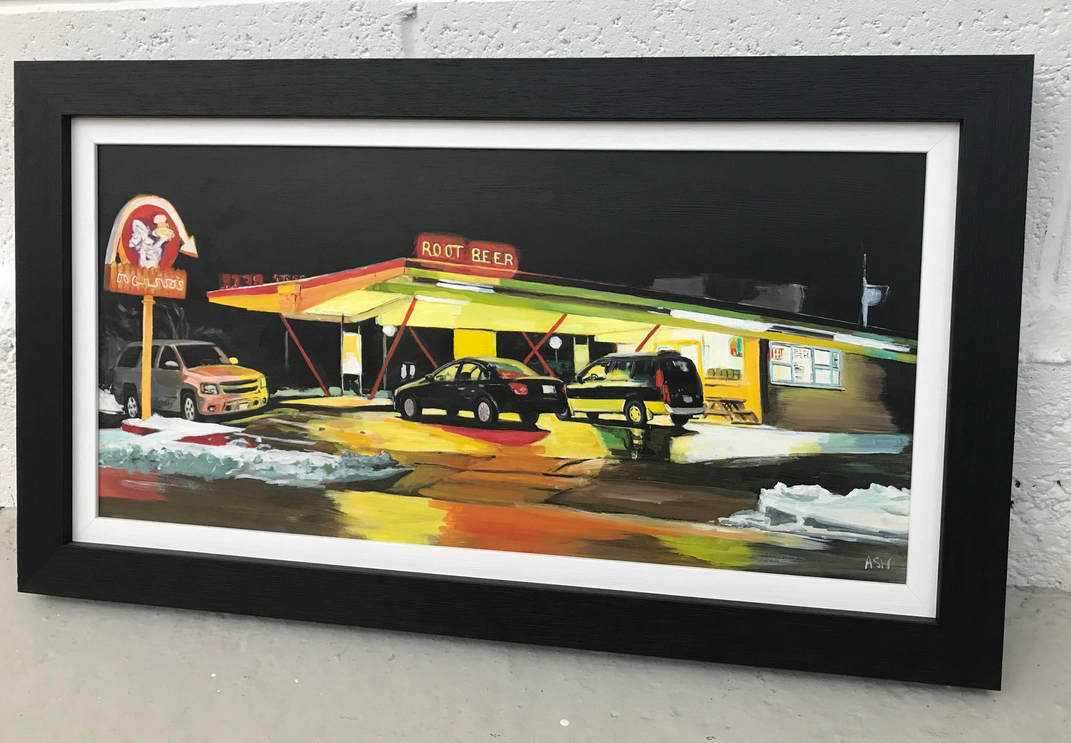 Route 66 Root Beer American Gas Station Painting by Leading British Contemporary Artist, Angela Wakefield. Une œuvre originale et unique. 

L'œuvre d'art mesure 24 x 12 pouces
Le cadre mesure 29 x 17 pouces

Faisant partie de la série Americana,