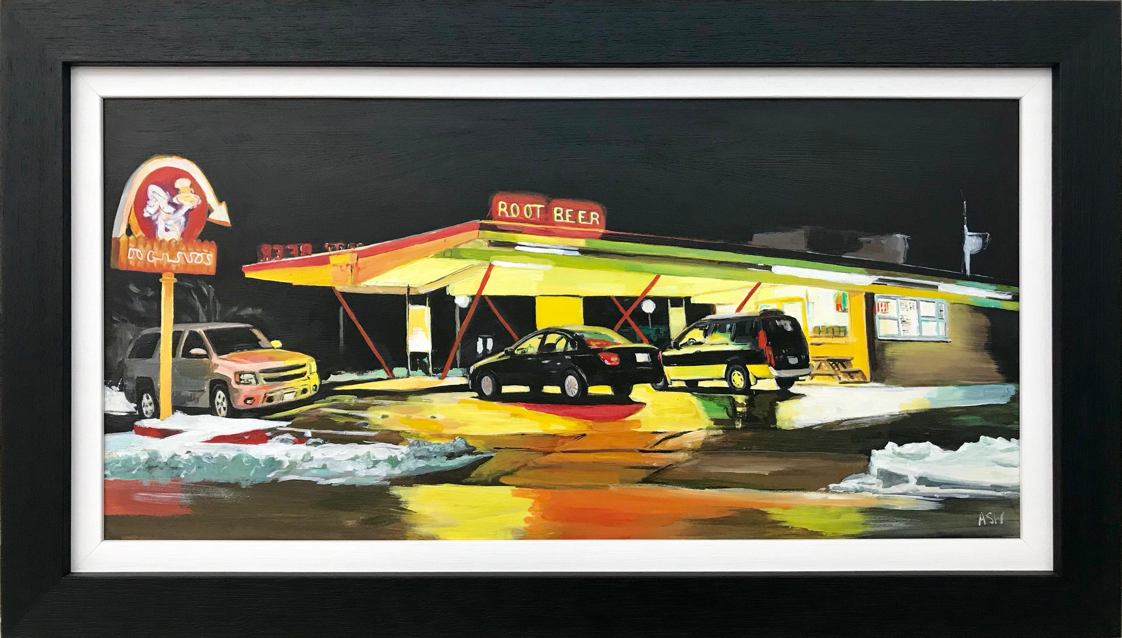Route 66 Root Beer Amerikanisches Gas station Gemälde des britischen zeitgenössischen Künstlers