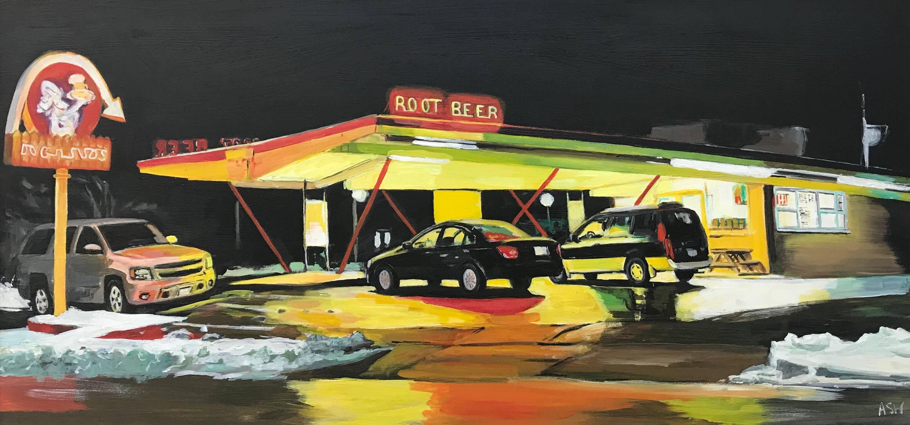 Route 66 Root Beer - Peinture d'une station de gaz américaine par un artiste contemporain britannique - Painting de Angela Wakefield
