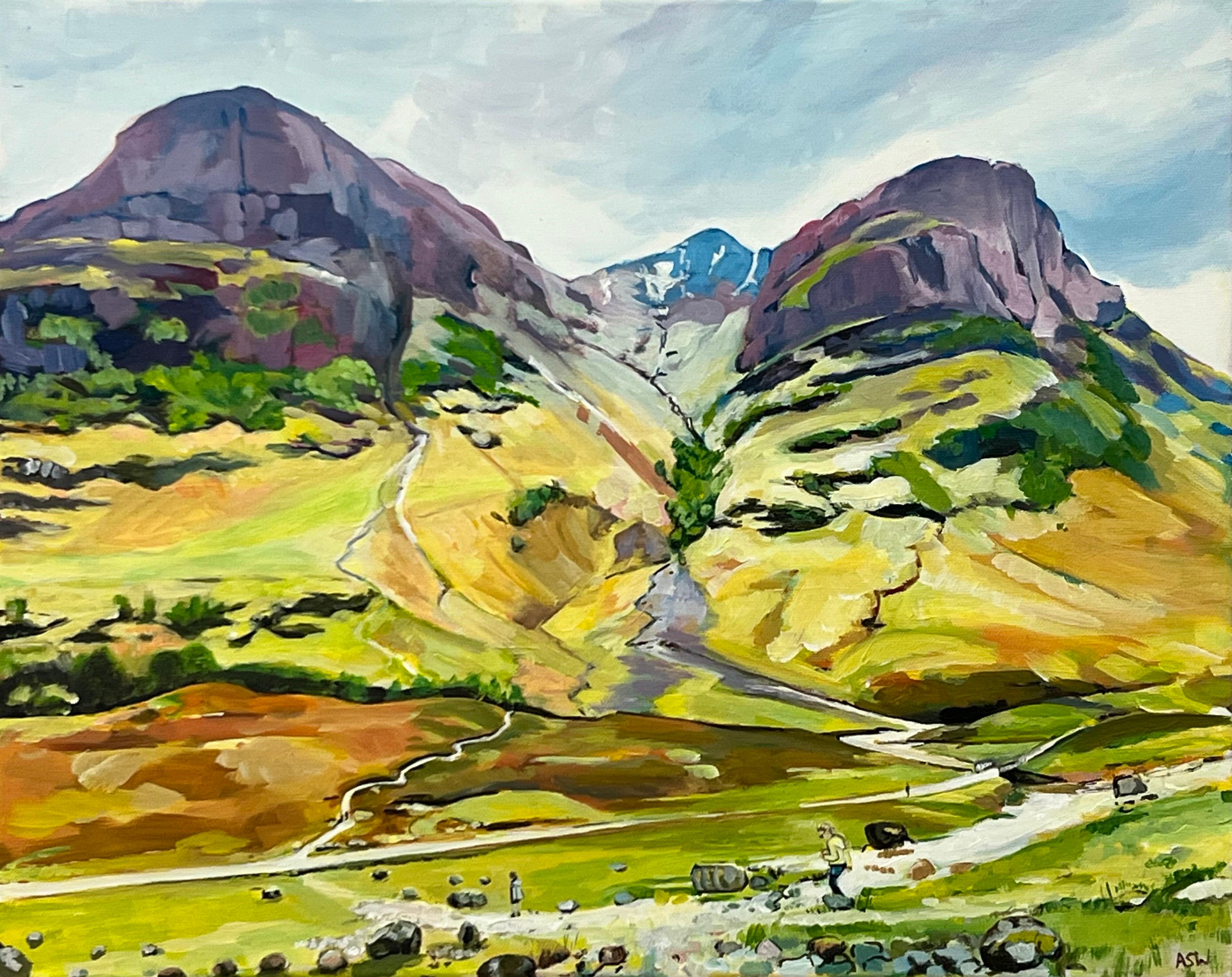 Scottish Highlands with Children Playing in the Mountains by Contemporary Artist For Sale 11