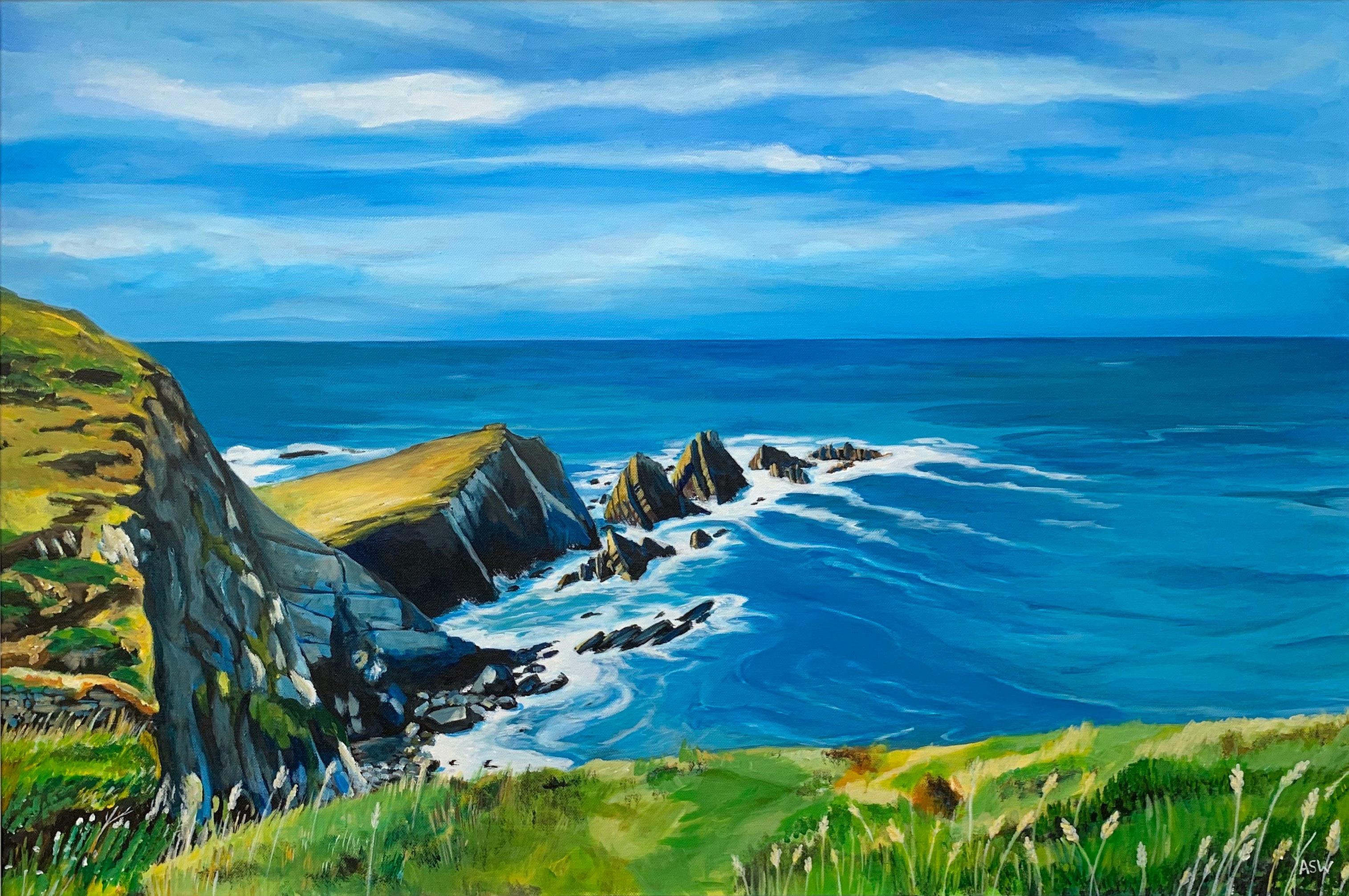 Seascape Landscape Painting of Hartland Point in Devon England by British Artist For Sale 2