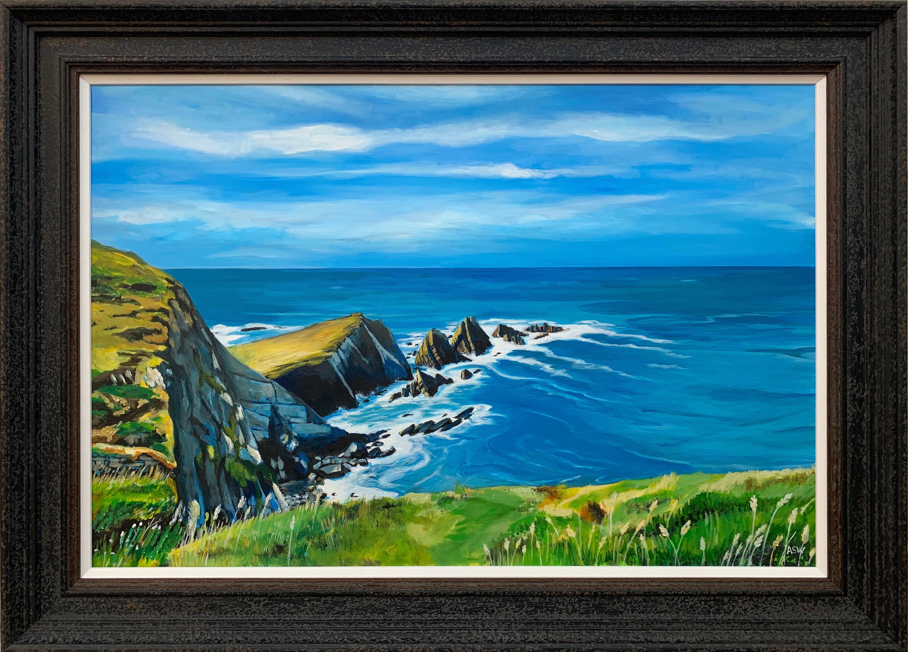 Landscape Painting di Angela Wakefield - Paesaggio marino di Hartland Point nel Devon in Inghilterra dipinto da un artista britannico