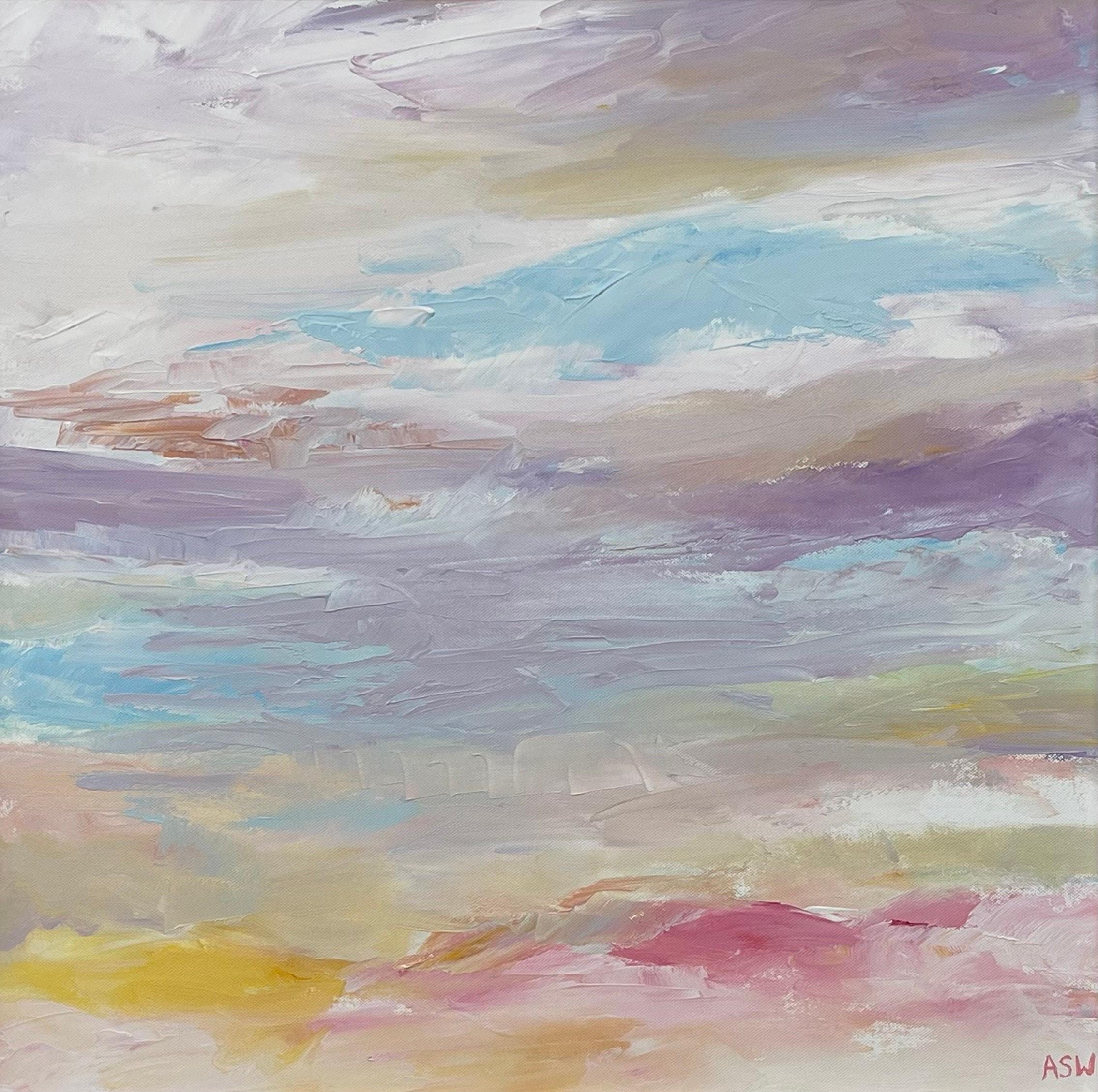 Abstract Impressionist Seascape Landscape by Contemporary British Artist, Angela Wakefield. Entitled 'Serenity #03', this atmospheric painting depicts an imagined scene using muted pastel colours. This unique original forms part of a new body of