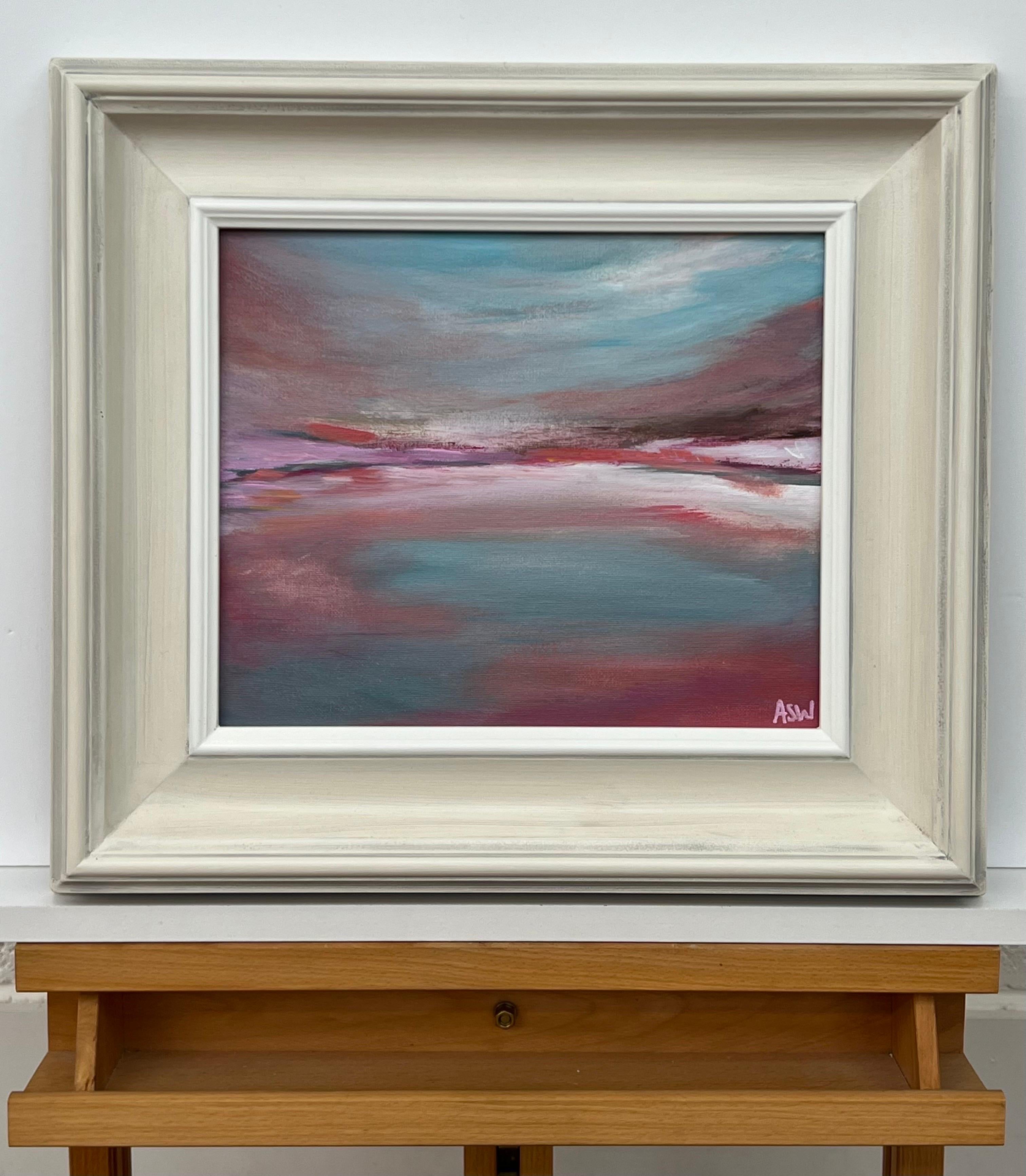 Serene and Dreamy Abstract Landscape using Pink Purple & Blue by British Artist - Contemporary Painting by Angela Wakefield
