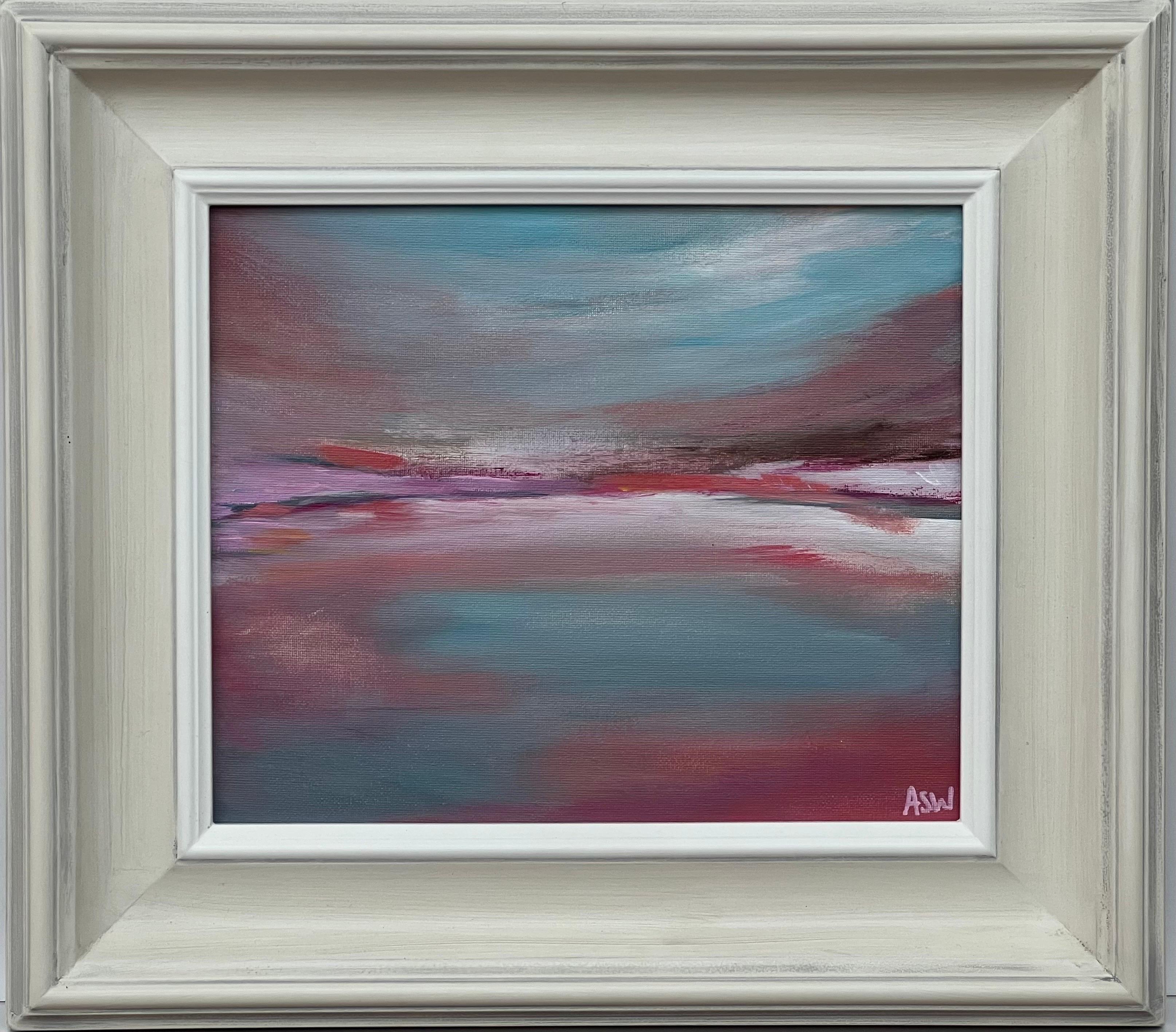 Angela Wakefield Abstract Painting - Serene and Dreamy Abstract Landscape using Pink Purple & Blue by British Artist
