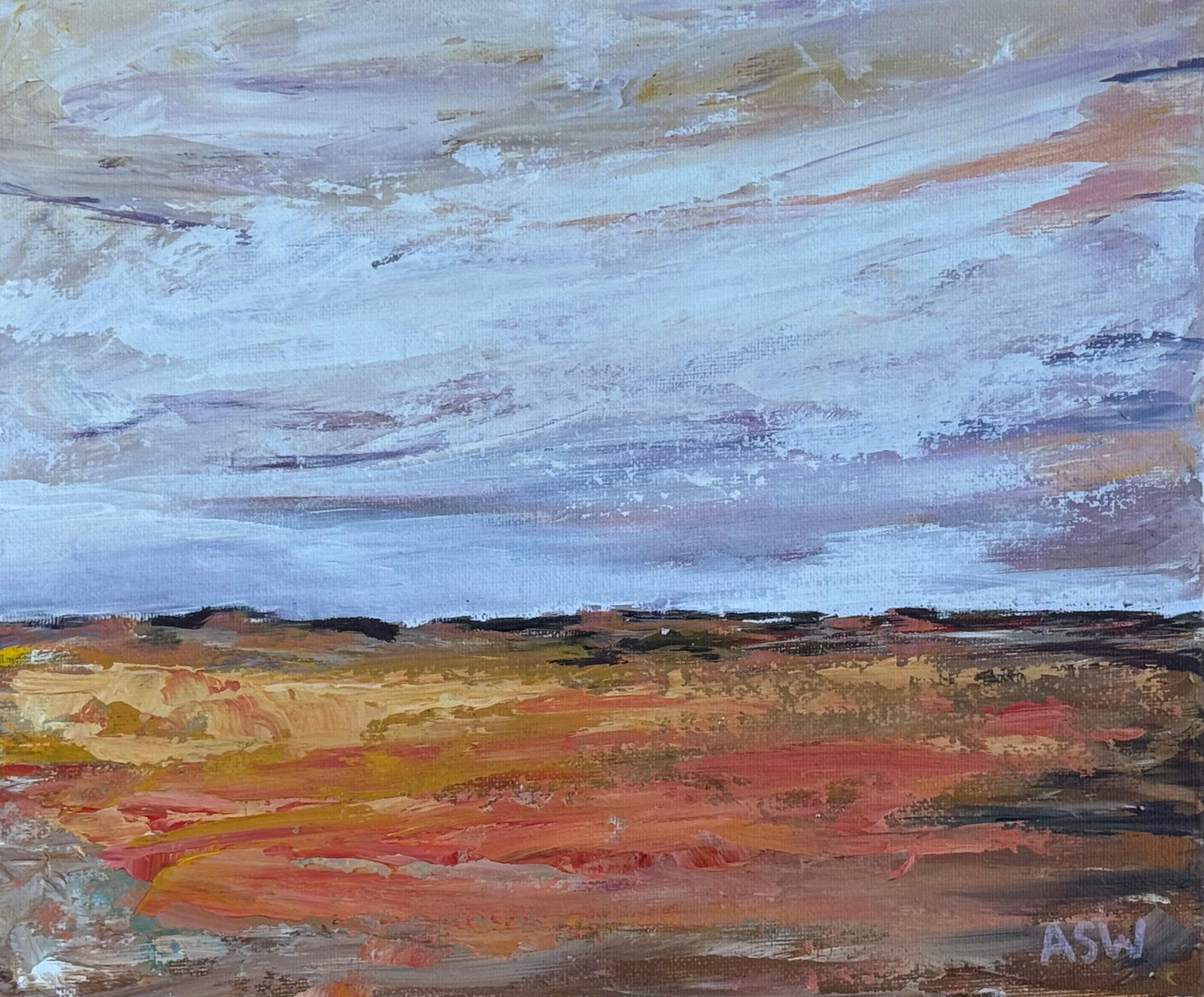 Horizontes serenos - Cielos amplios se encuentran con tonos terrosos texturizados en tranquila armonía - Painting Contemporáneo de Angela Wakefield