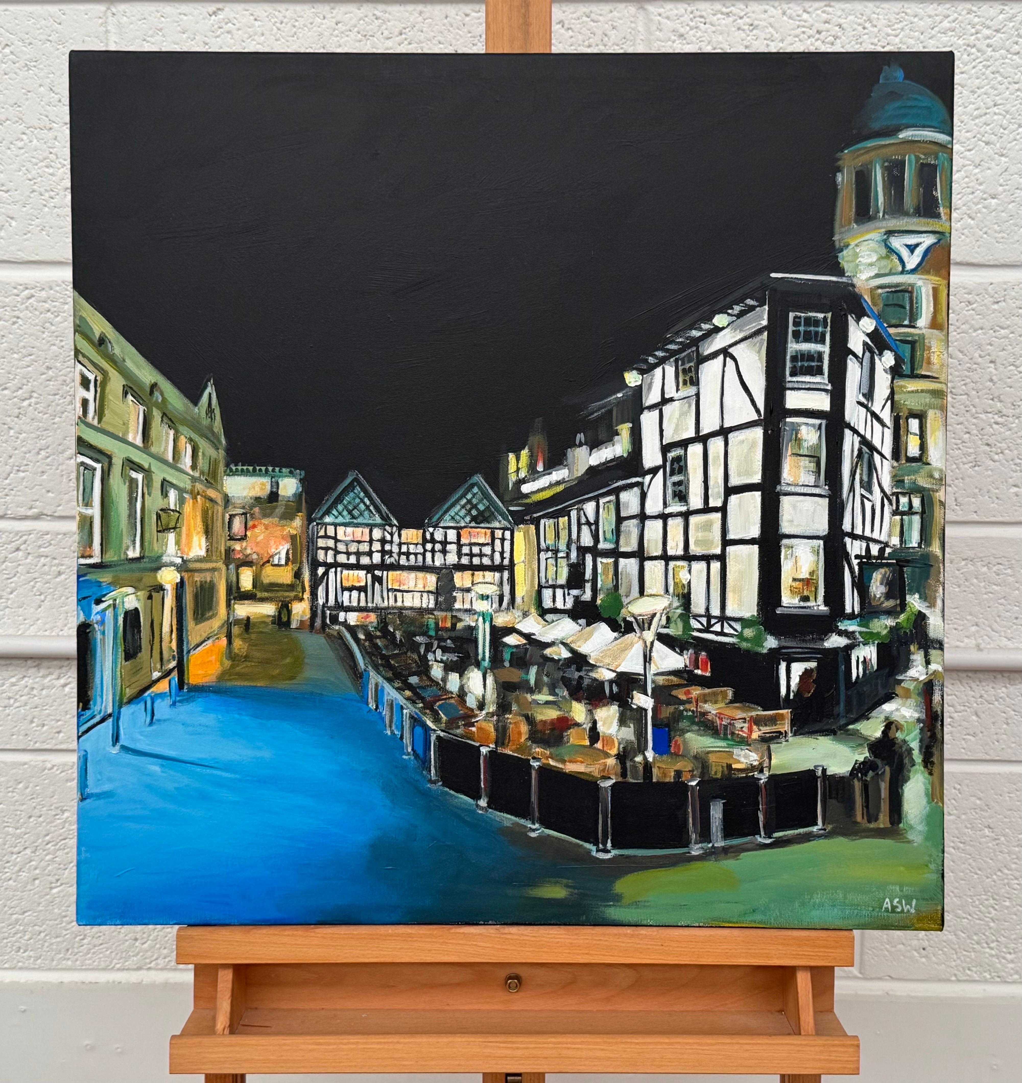 Shambles Square im Stadtzentrum von Manchester bei Nacht von Urban Landscape Artist (Zeitgenössisch), Painting, von Angela Wakefield