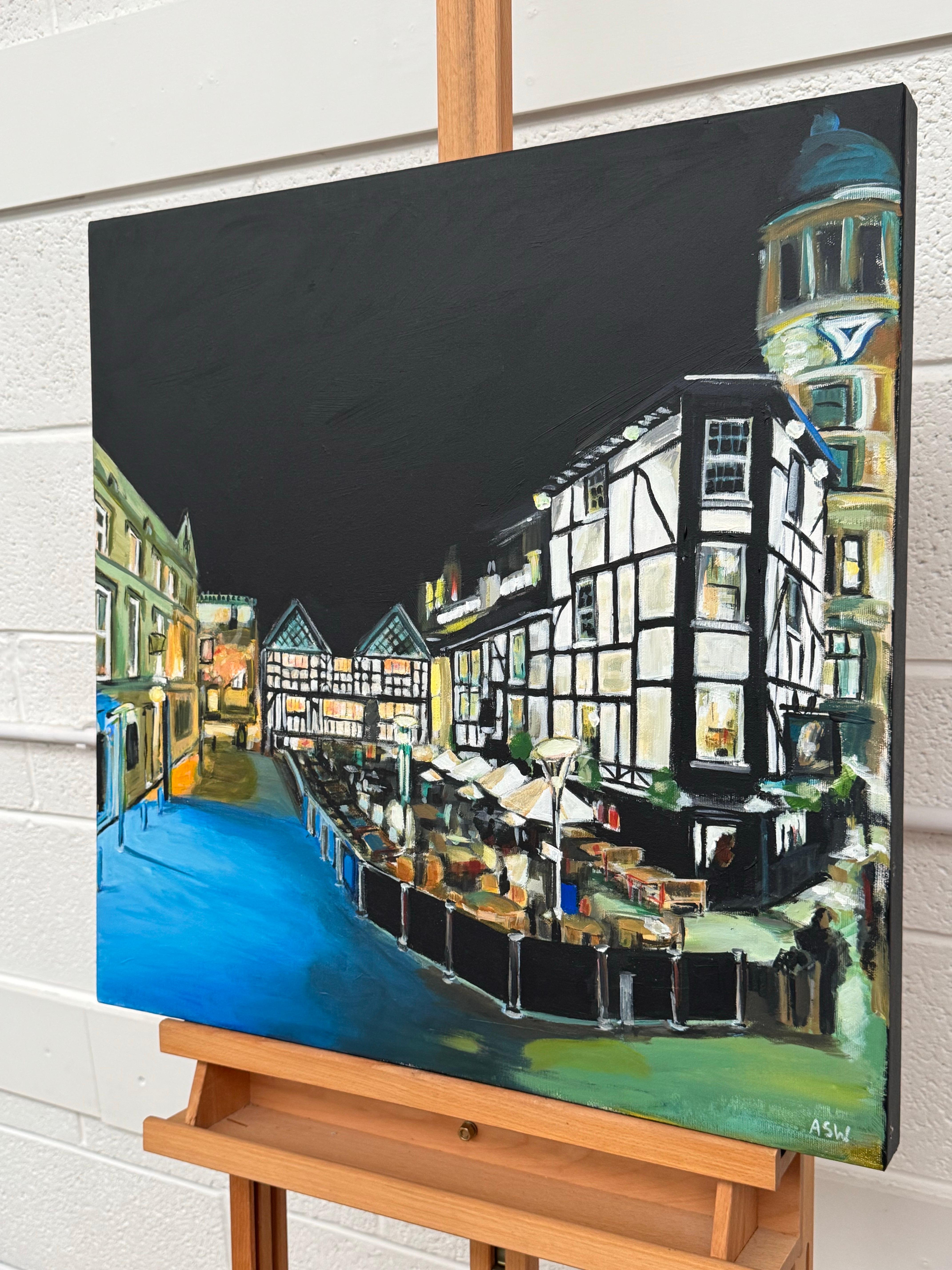 Shambles Square im Stadtzentrum von Manchester bei Nacht von Urban Landscape Artist (Schwarz), Figurative Painting, von Angela Wakefield
