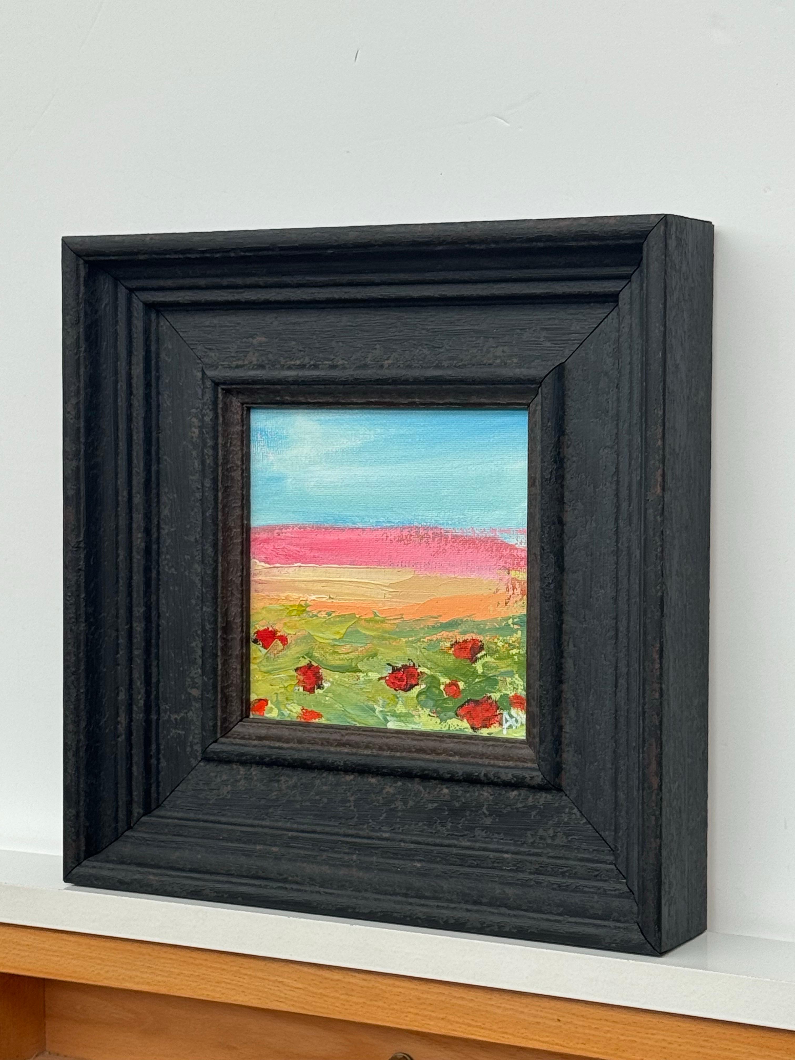 Petite toile abstraite carrée Étude d'un champ de coquelicots rouges par un artiste contemporain - Noir Landscape Painting par Angela Wakefield