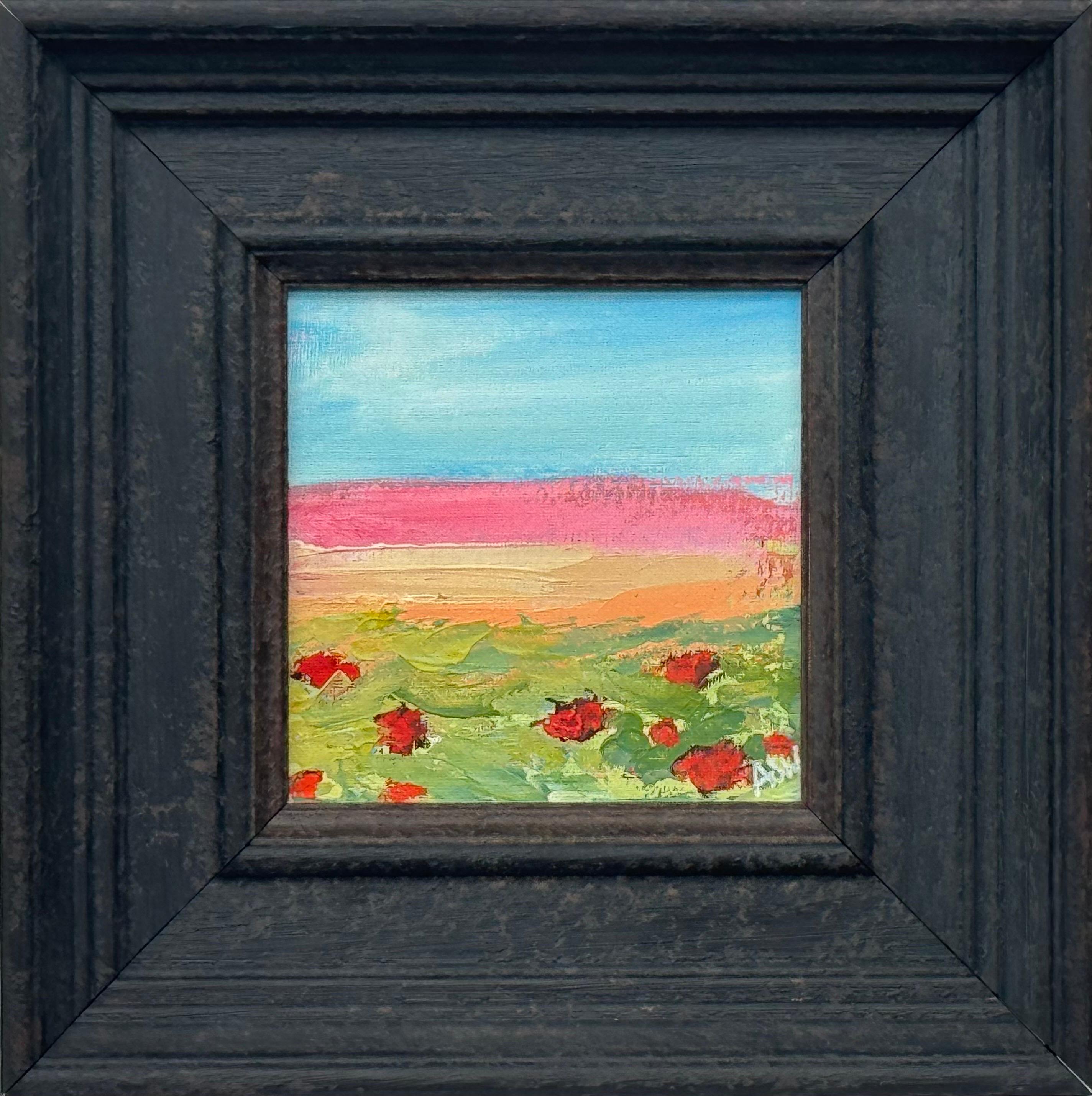 Piccolo quadro astratto su tela Studio di campo di papaveri rossi dell'artista contemporaneo