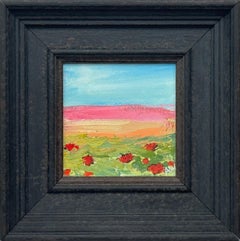 Piccolo quadro astratto su tela Studio di campo di papaveri rossi dell'artista contemporaneo