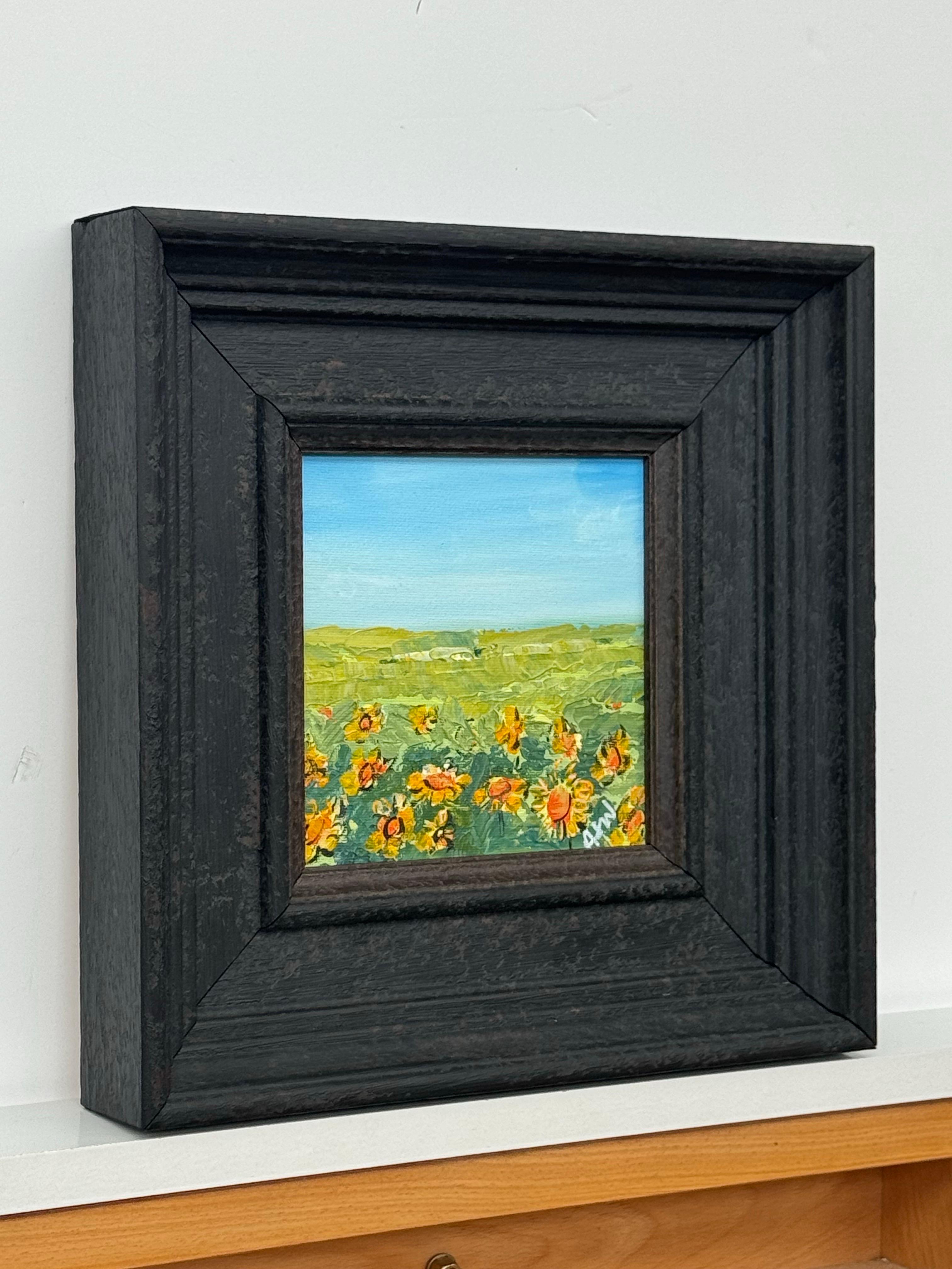 Small Square Abstract Canvas Art Study of Sunflower Field by Contemporary Artist - Painting by Angela Wakefield