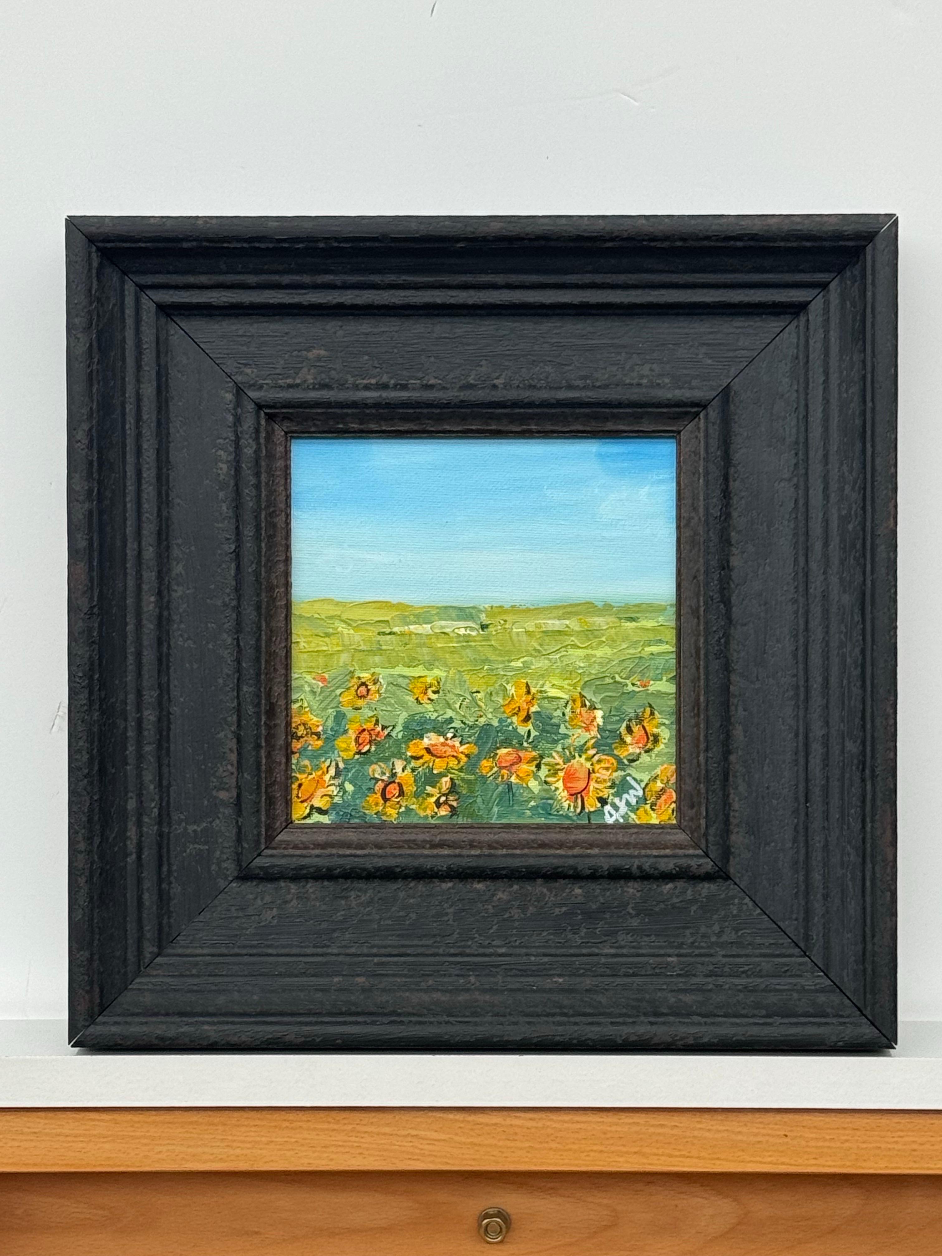 Small Square Abstract Canvas Art Study of Sunflower Field by Contemporary Artist - Black Landscape Painting by Angela Wakefield