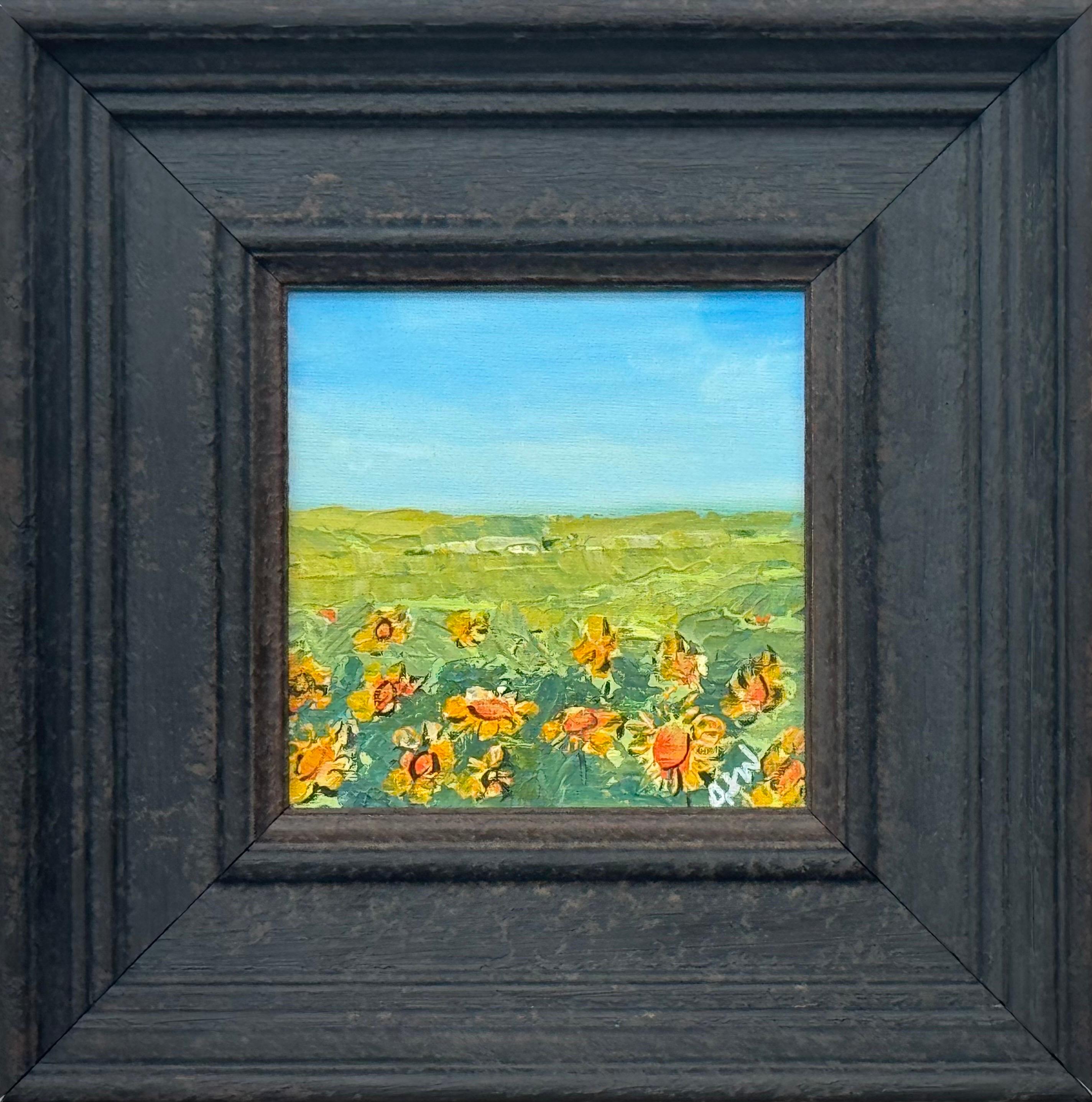 Angela Wakefield Landscape Painting - Small Square Abstract Canvas Art Study of Sunflower Field by Contemporary Artist
