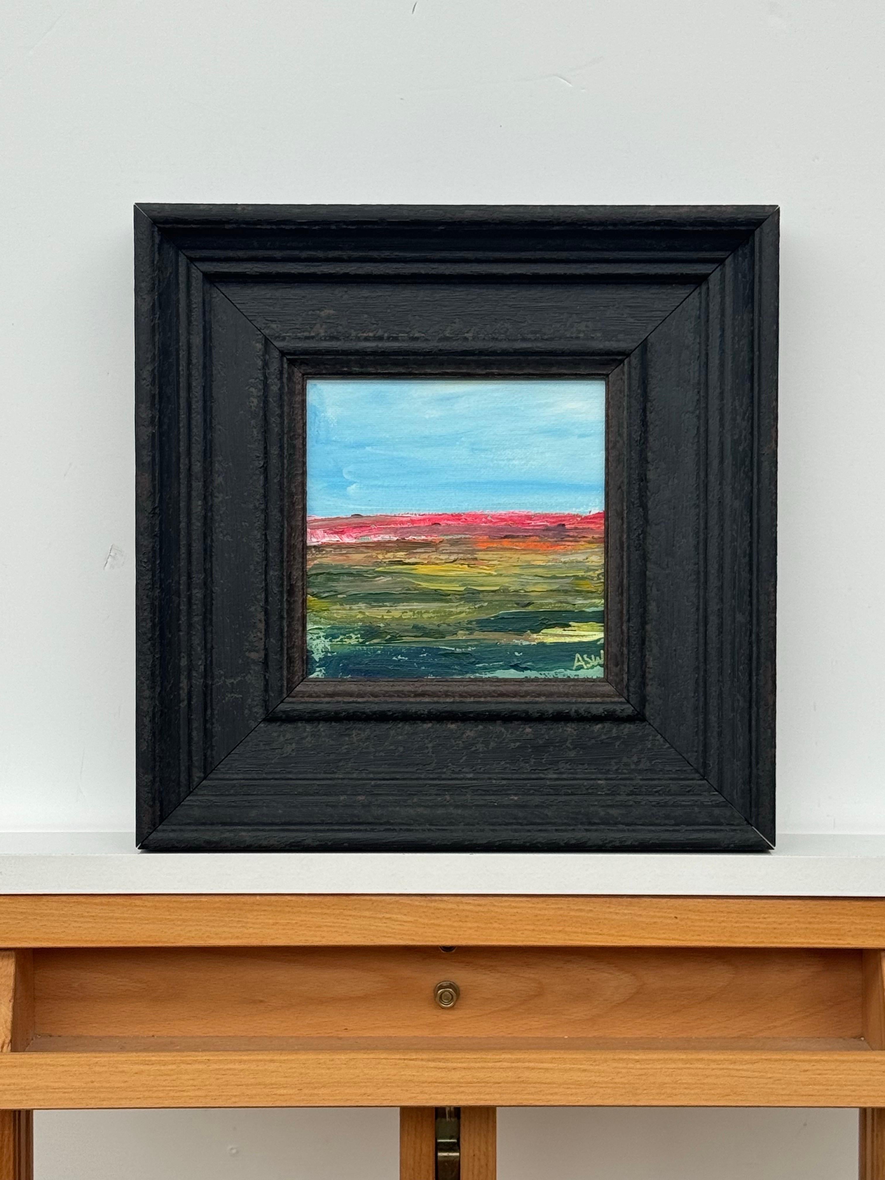 Small Square Abstract Canvas Art Study with Red & Green by Contemporary Artist - Black Abstract Painting by Angela Wakefield