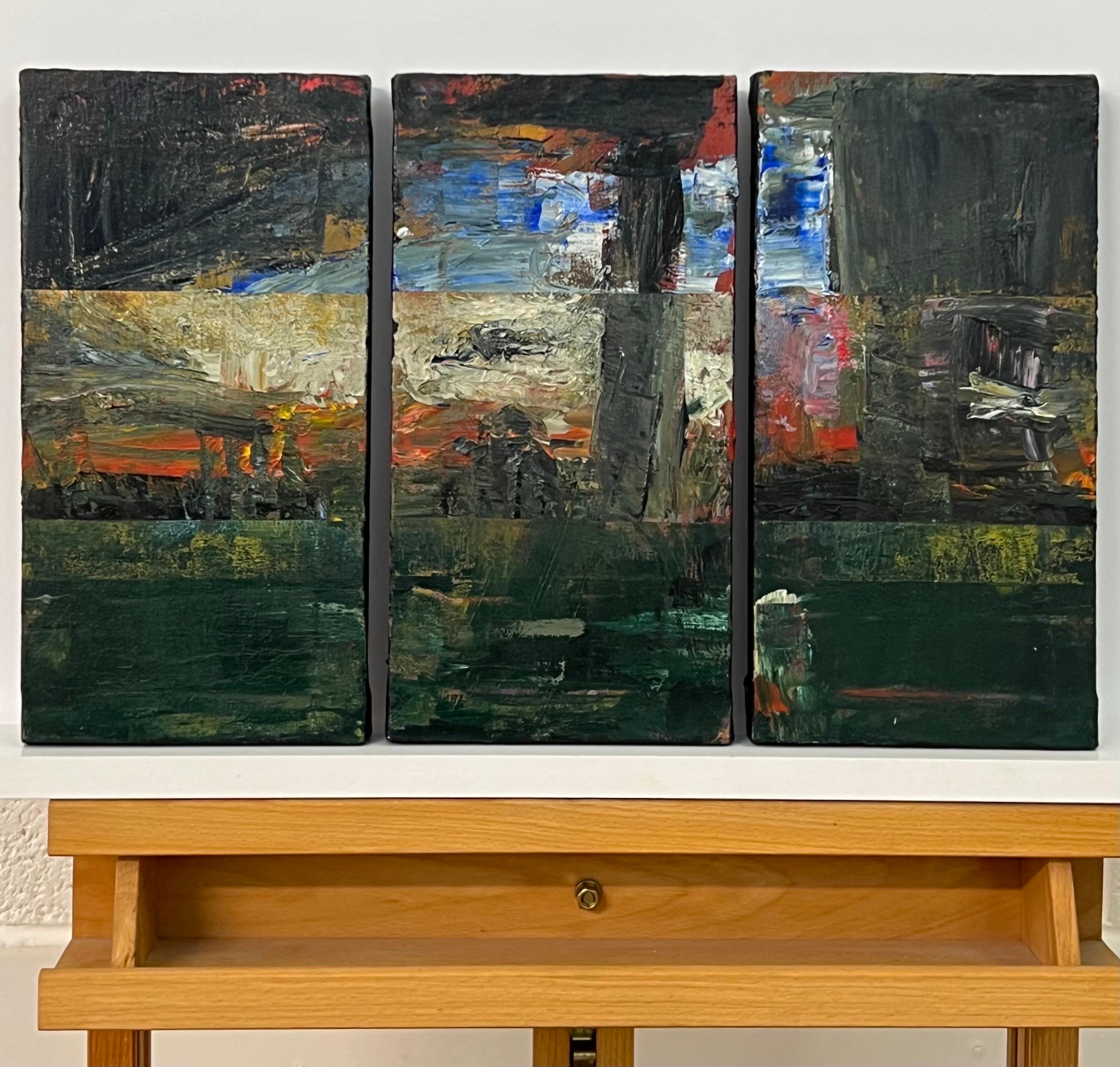 Small Early Triptych Study of Abstract Trees Forest Landscape Painting by British Urban Artist. This rare early work is from an intense body of abstract work that formed the very foundations of her output as a professional artist. Art critics regard