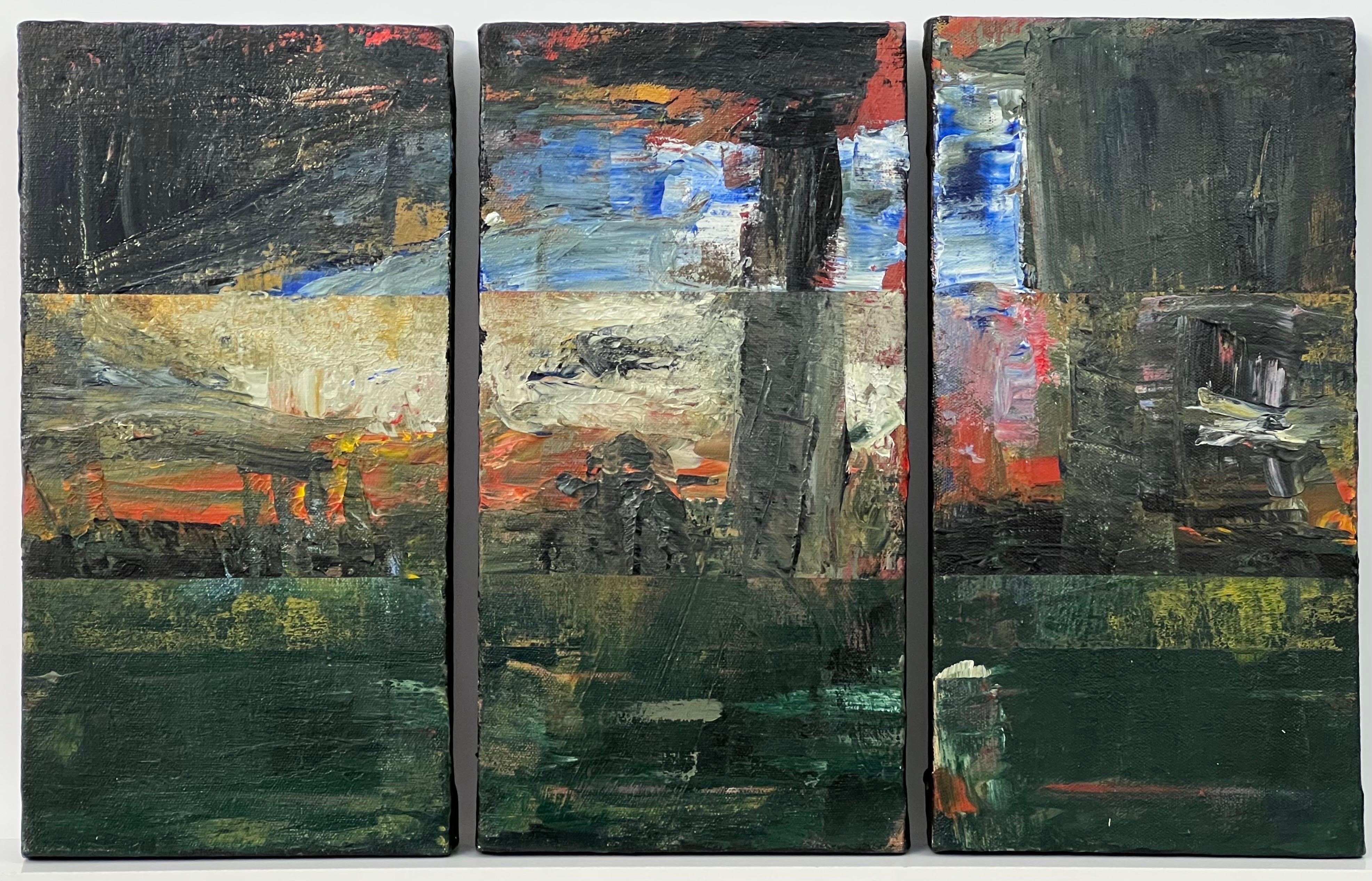 Pequeño Tríptico Temprano Estudio de Árboles Abstractos Paisaje Forestal Pintura de Artista Urbano Británico. Esta rara obra temprana pertenece a un intenso conjunto de obras abstractas que constituyeron los cimientos de su producción como artista
