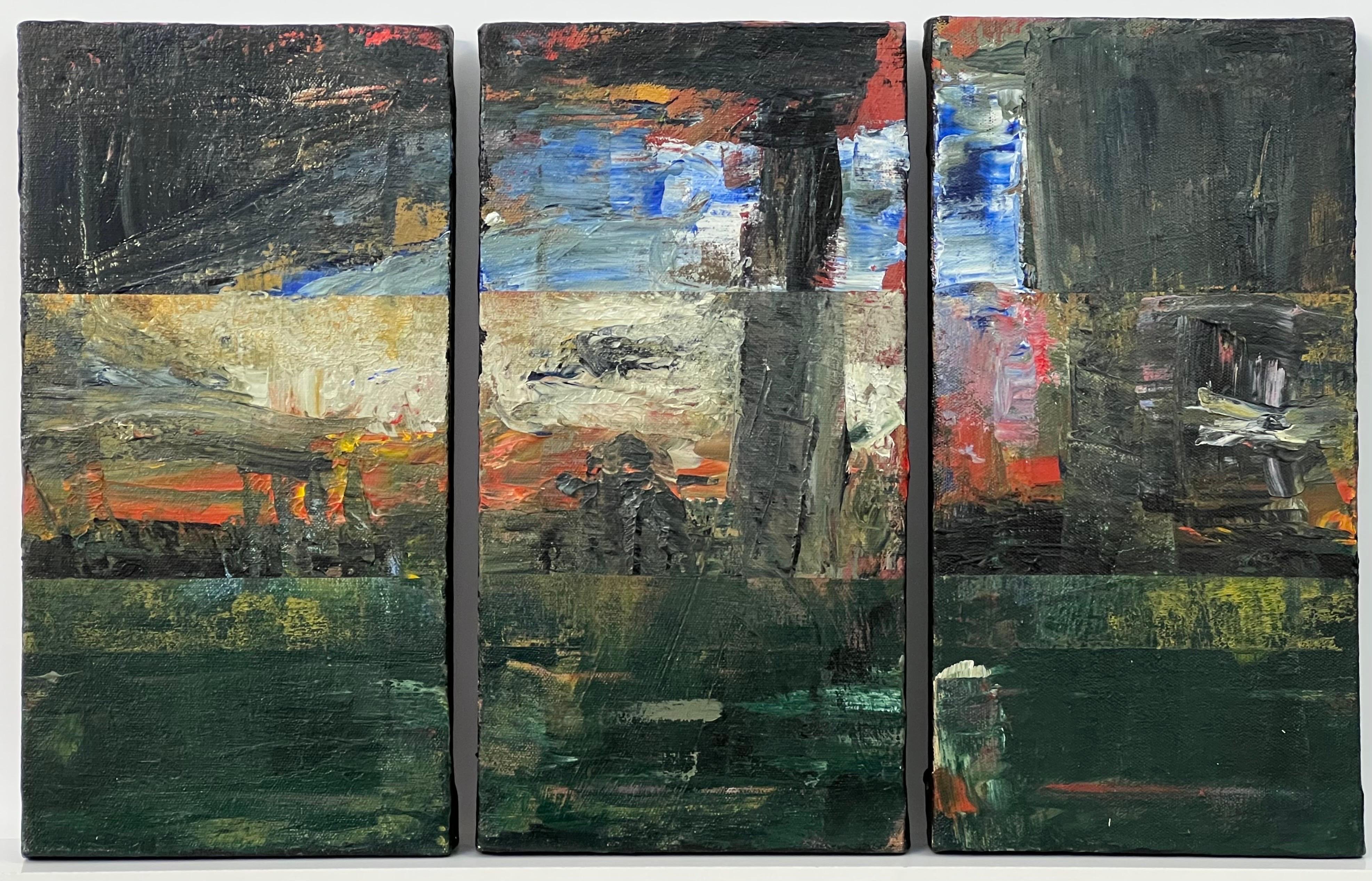 Petite peinture de paysage en triptyque abstrait en forme de arbres de forêt par un artiste urbain britannique en vente 1