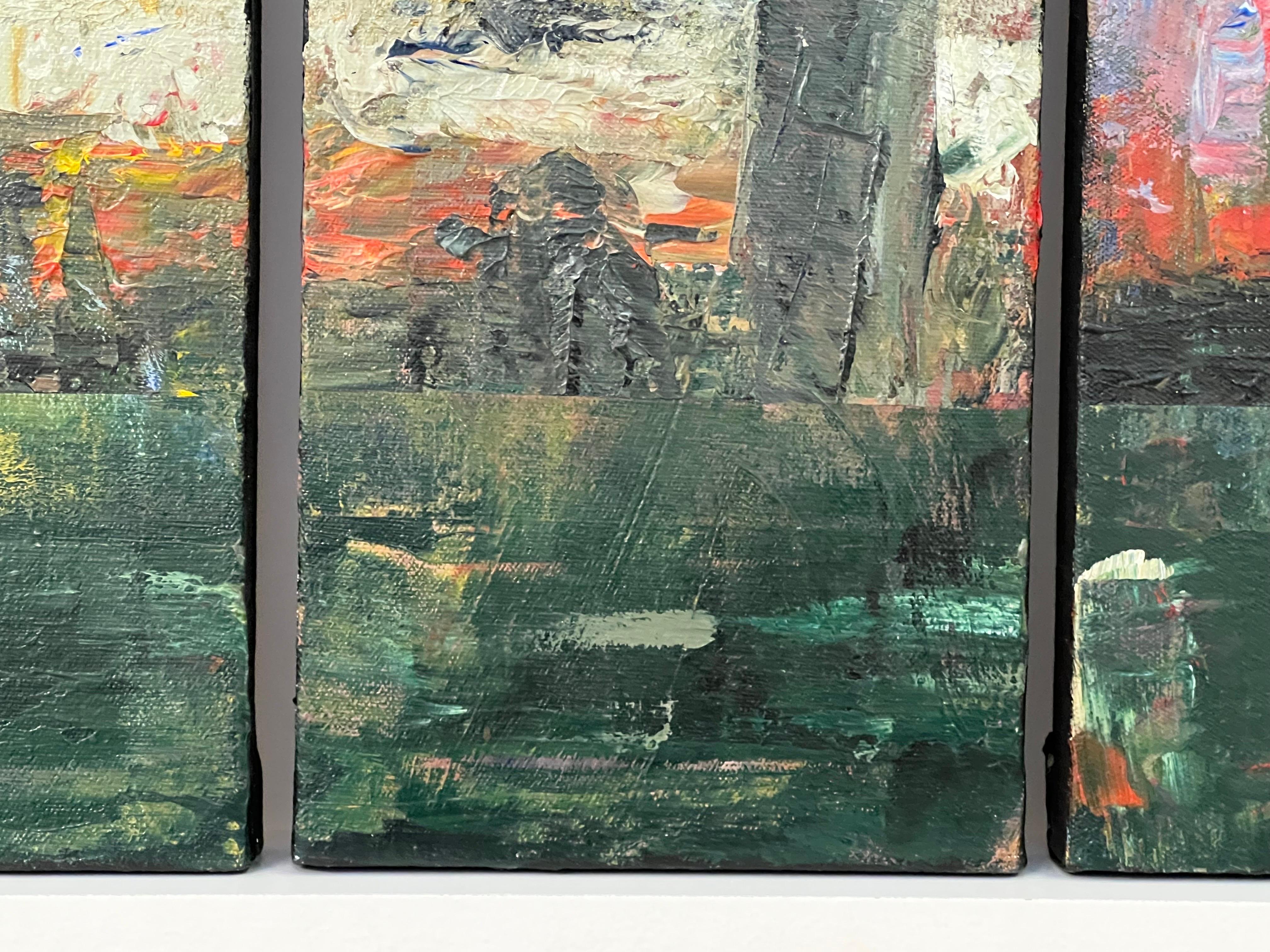 Small Triptych Abstract Forest Trees Landscape Painting by British Urban Artist For Sale 6