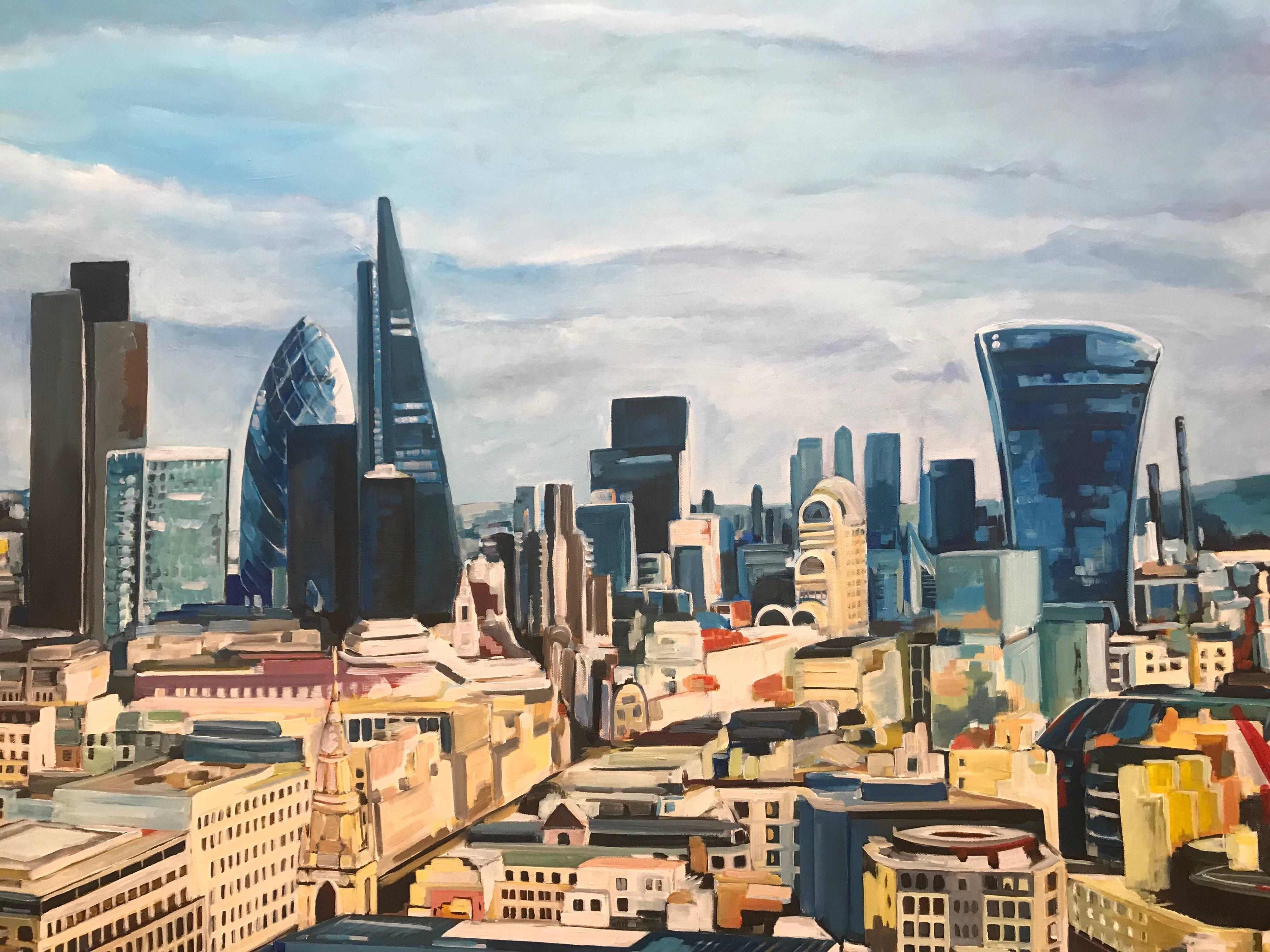 Originalgemälde Stadt der Londoner Skyline von der britischen Urban Artist Angela Wakefield. Dieses Gemälde zeigt den Blick von der St. Paul's Cathedral in östlicher Richtung über die Londoner Stadtlandschaft. Wie Sie sehen können, ist die umgebende