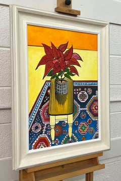 Natura morta di una pianta di Stella di Natale su un tappeto persiano di un artista britannico