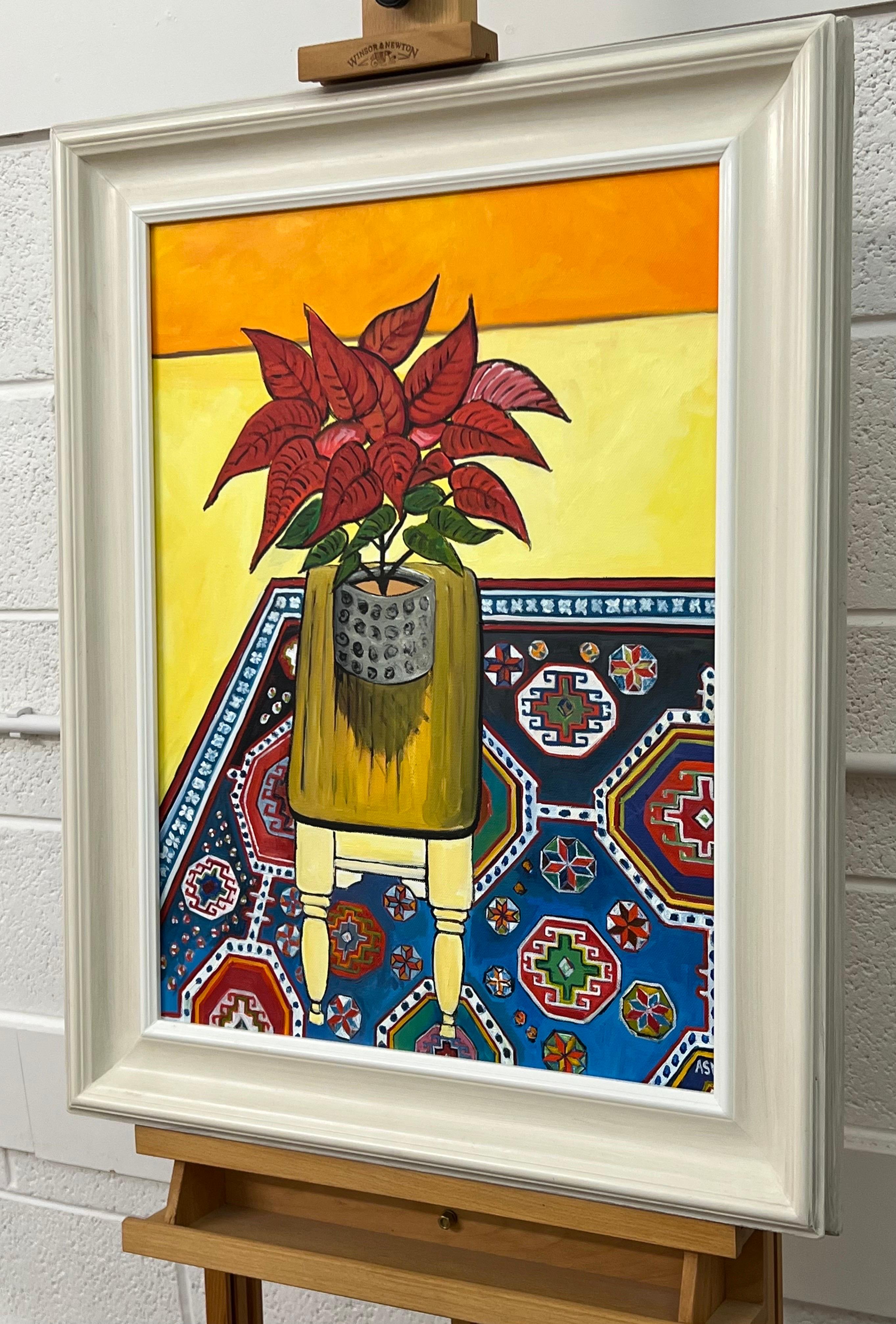 Still Life Painting of a Poinsettia Plant on a Persian Rug by British Artist For Sale 1