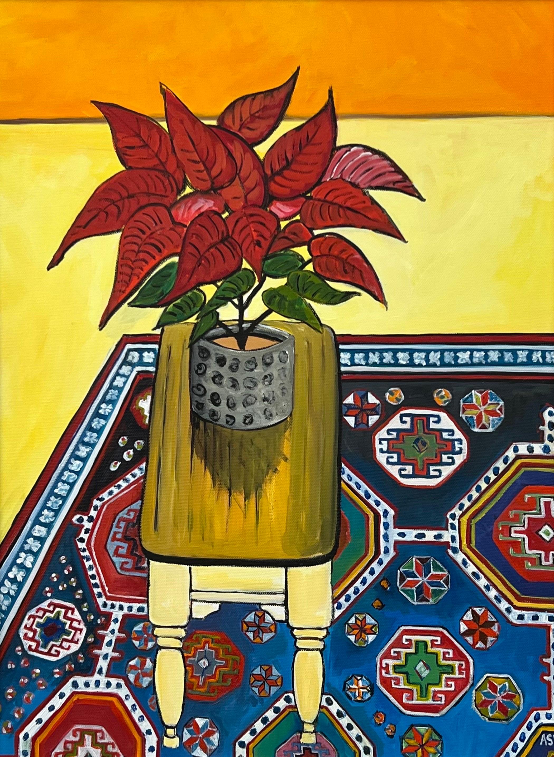 Still Life Painting of a Poinsettia Plant on a Persian Rug by British Artist For Sale 2
