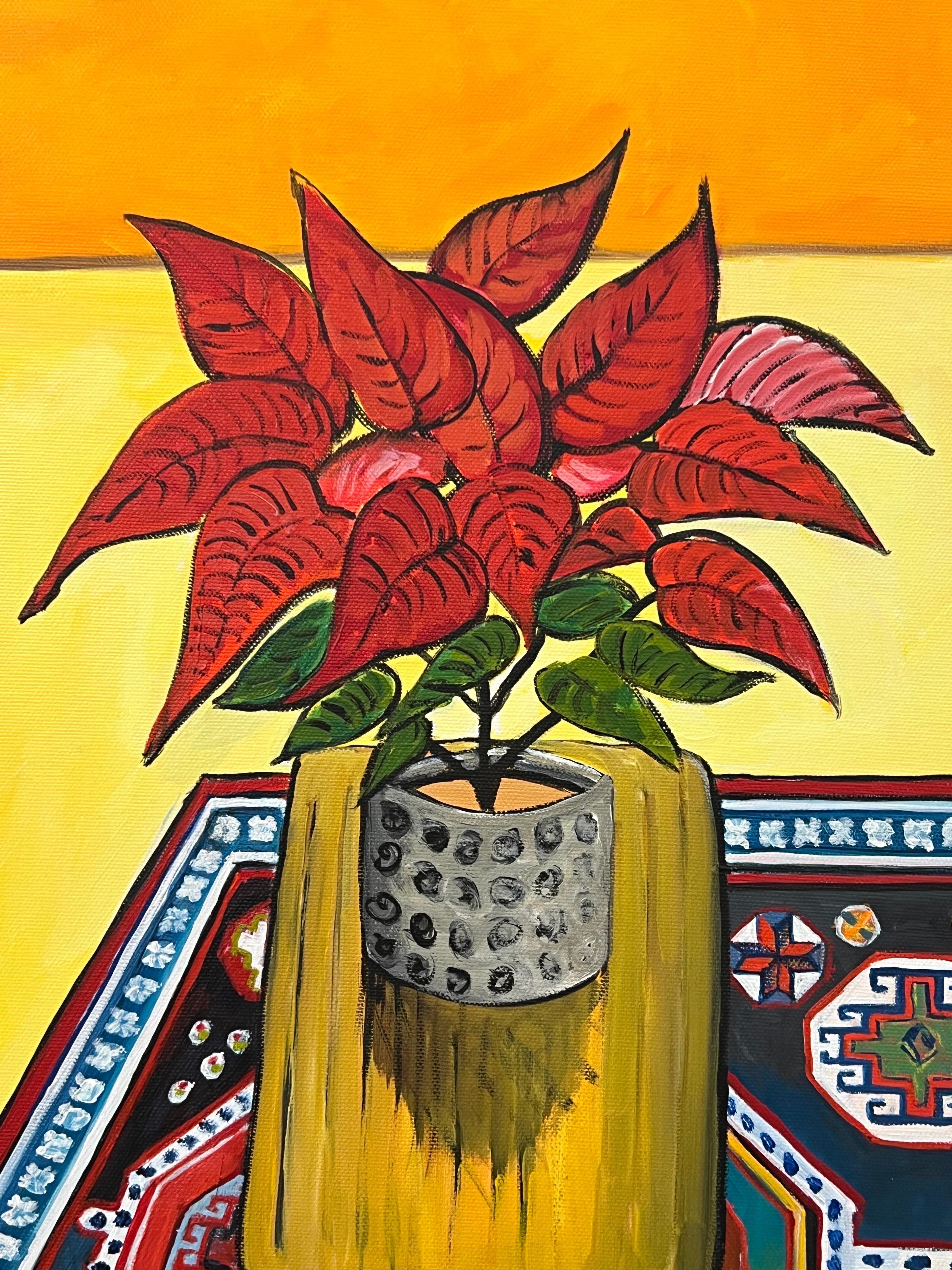Still Life Painting of a Poinsettia Plant on a Persian Rug by British Artist For Sale 3