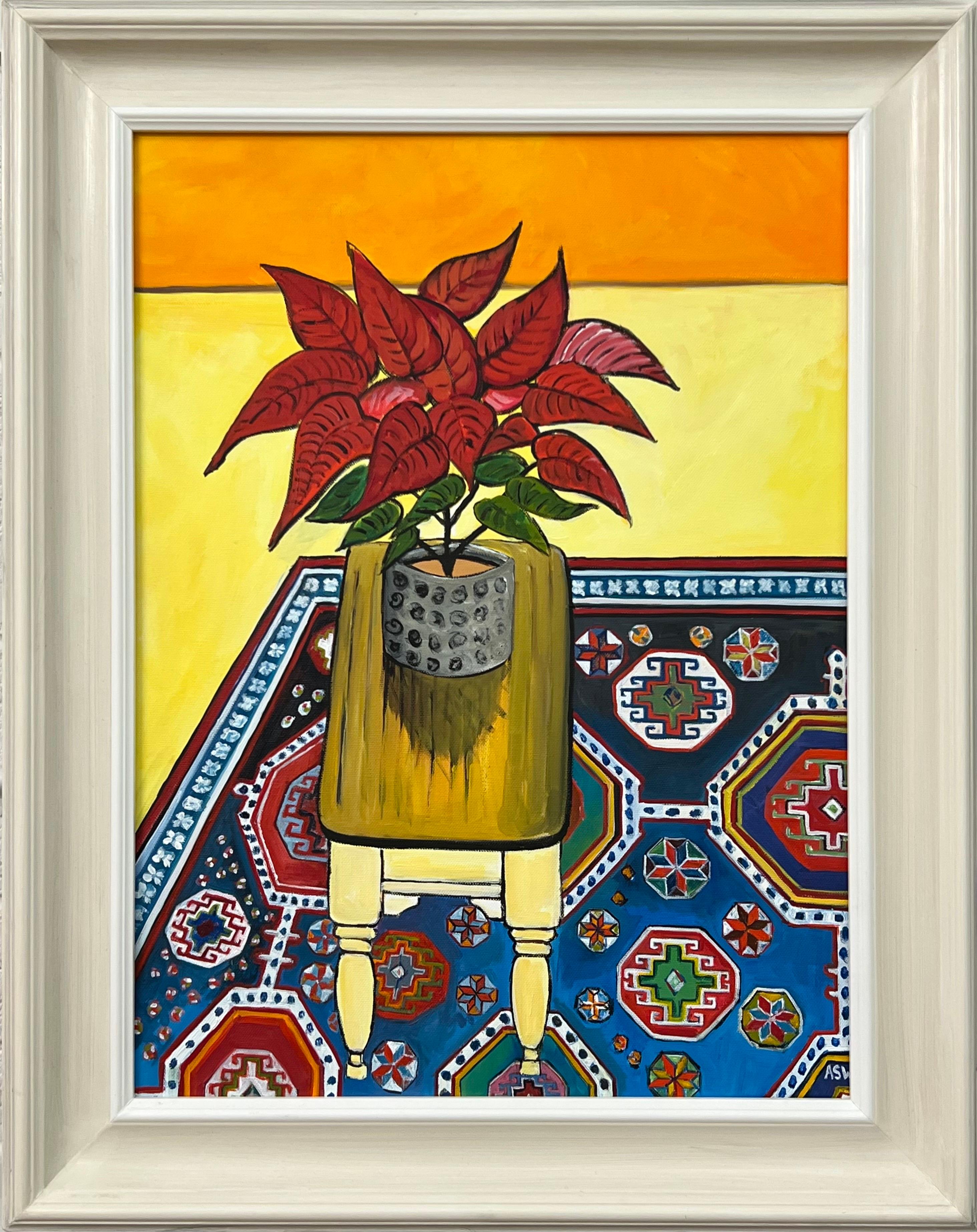 Still Life Painting of a Poinsettia Plant on a Persian Rug by British Artist