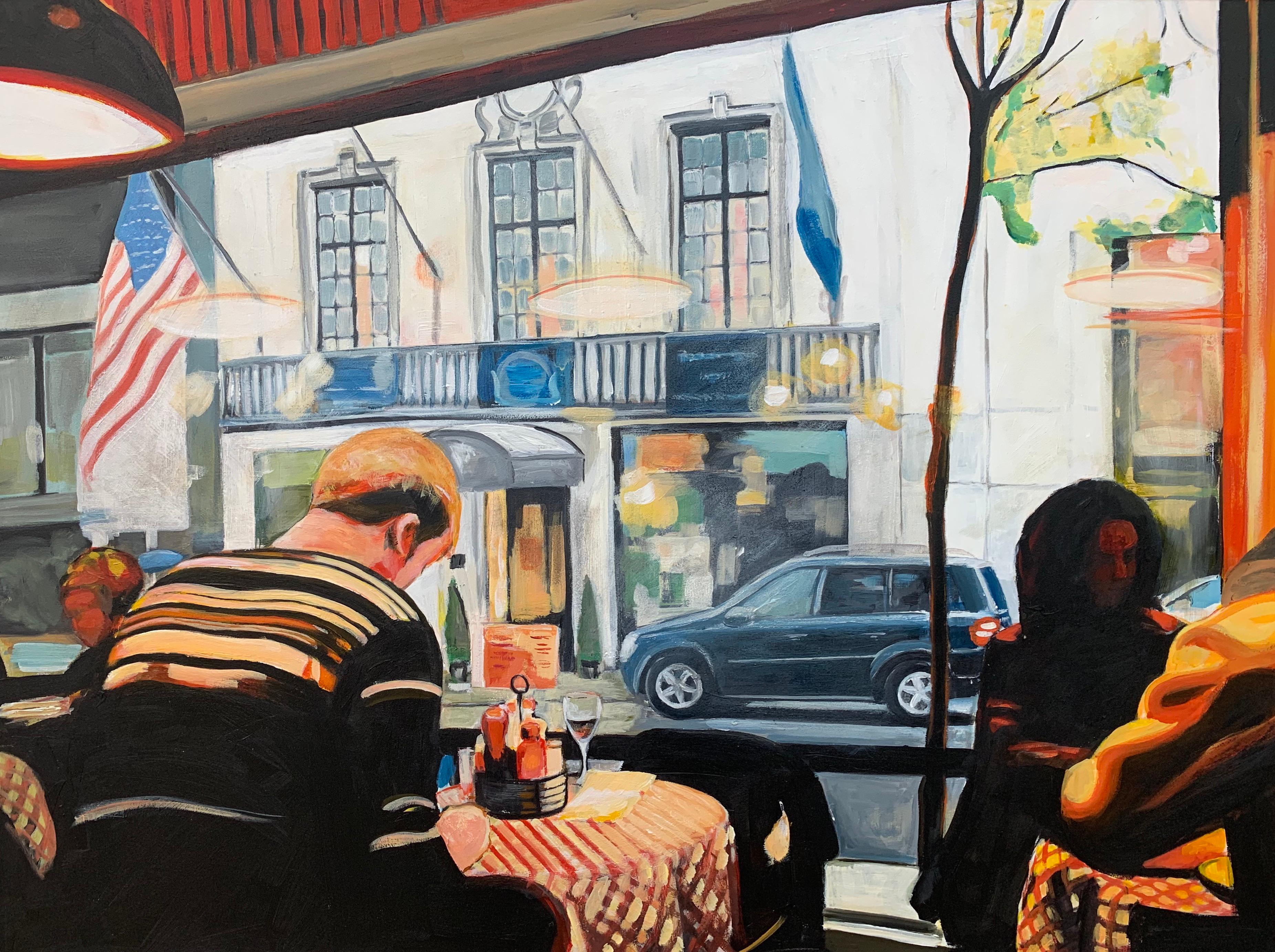 Stillleben eines amerikanischen Diners in New York City, gemalt von der führenden britischen Künstlerin für urbane Landschaften, Angela Wakefield. Gemälde von amerikanischen Diners, Food Courts, Truck Stops, Tankstellen, Stillleben und allen