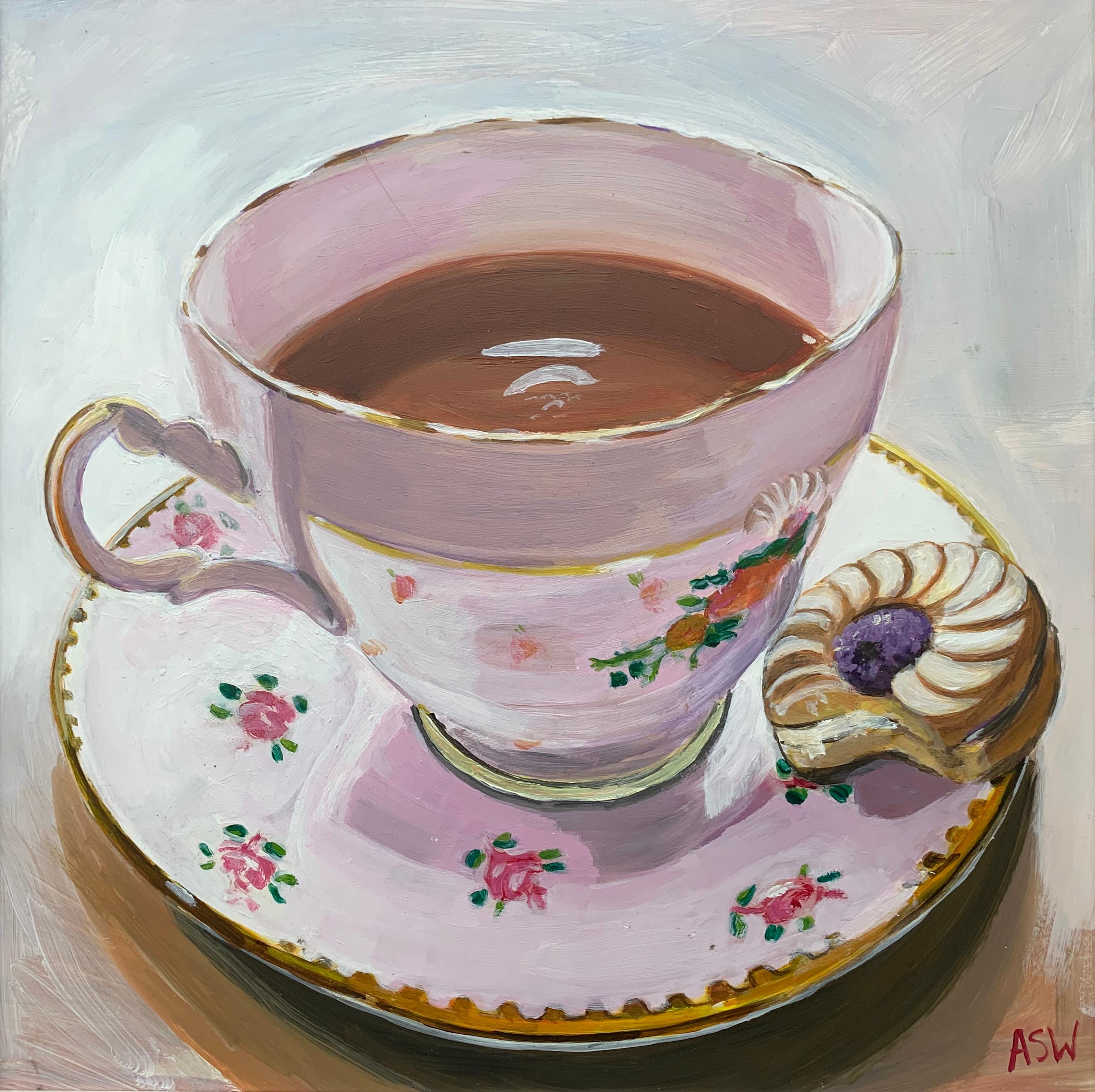Stillleben-Gemälde eines englischen Knochenporzellan-Teekannes und eines Biskuittellers des britischen Künstlers – Painting von Angela Wakefield