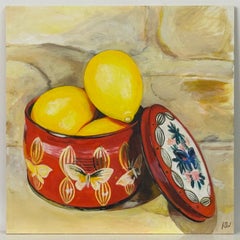 Still Life Painting with Lemons and Vintage Red Tin by Contemporary Artist
