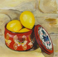 Still Life Painting with Lemons and Vintage Red Tin by Contemporary Artist