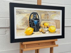 Still Life Painting with Modern Vase, Lemons & Walnuts on a Farmhouse Stone Wall