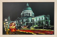 St.Paul's Cathedral in London at Night with Red Bus by Urban Landscape Artist