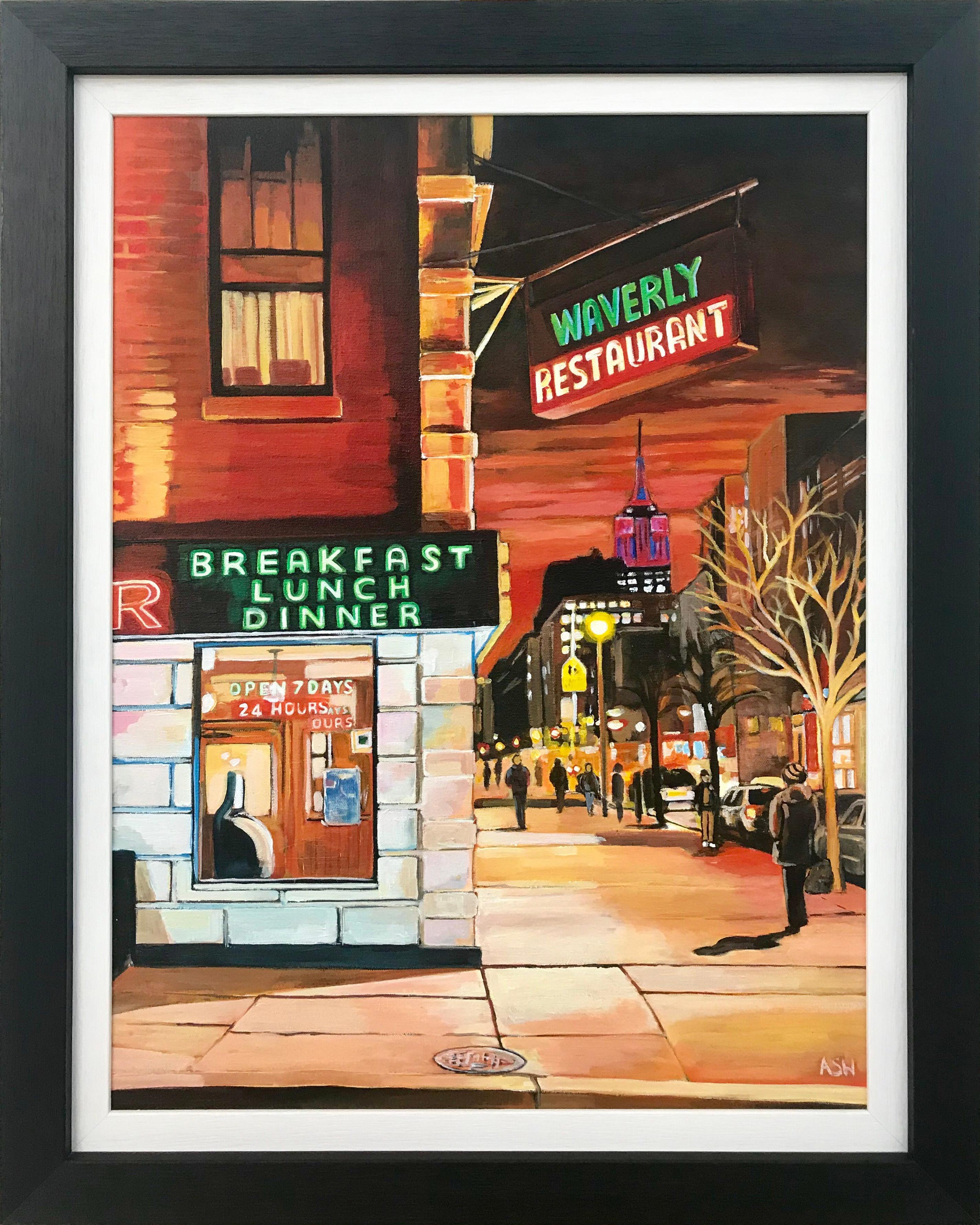 Angela Wakefield Landscape Painting – Greenwich Village American Diner 6th Avenue New York City Empire State Building