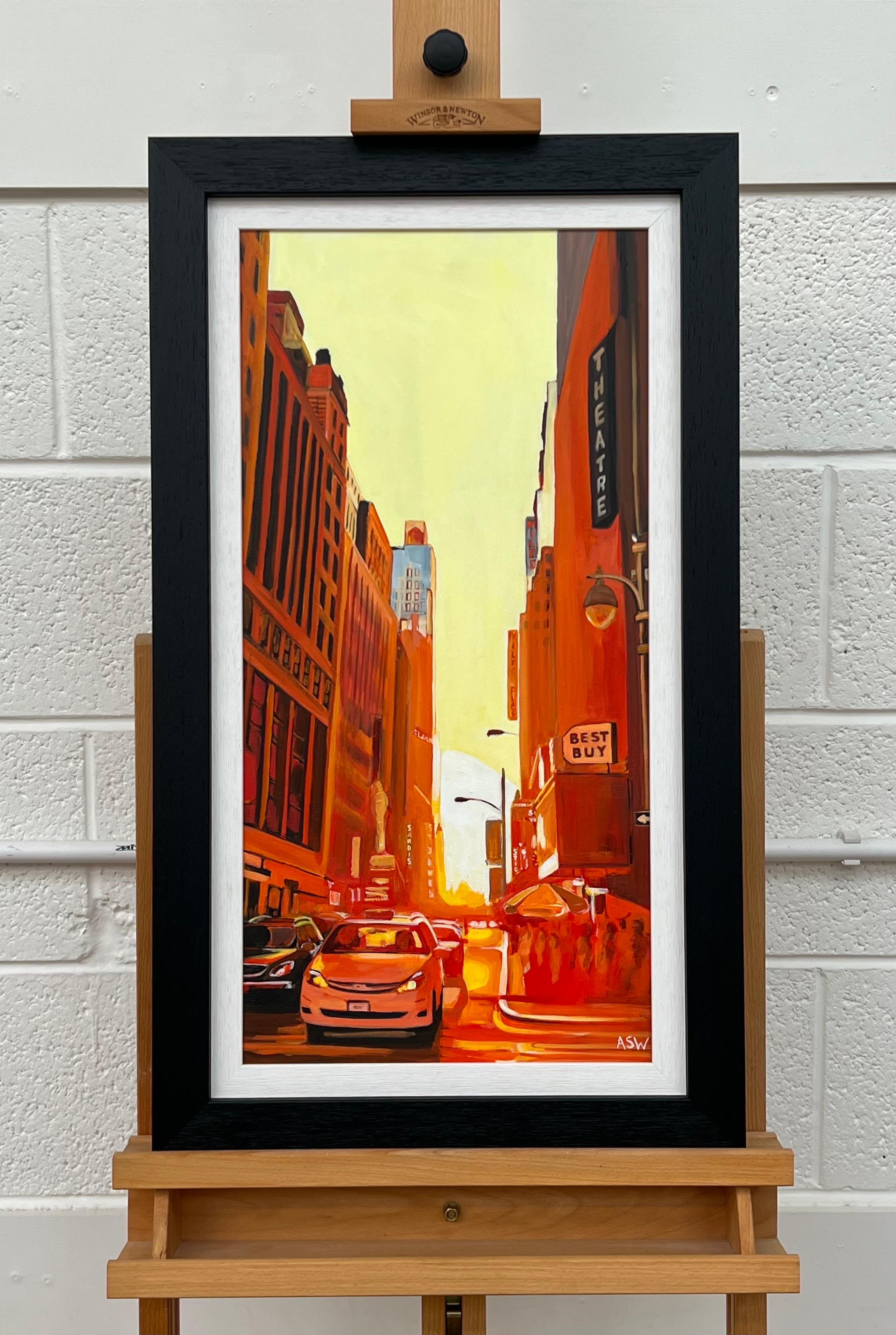 Street Scene in Manhattan Theatre District, New York City, bei Sonnenuntergang des britischen Künstlers (Realismus), Painting, von Angela Wakefield