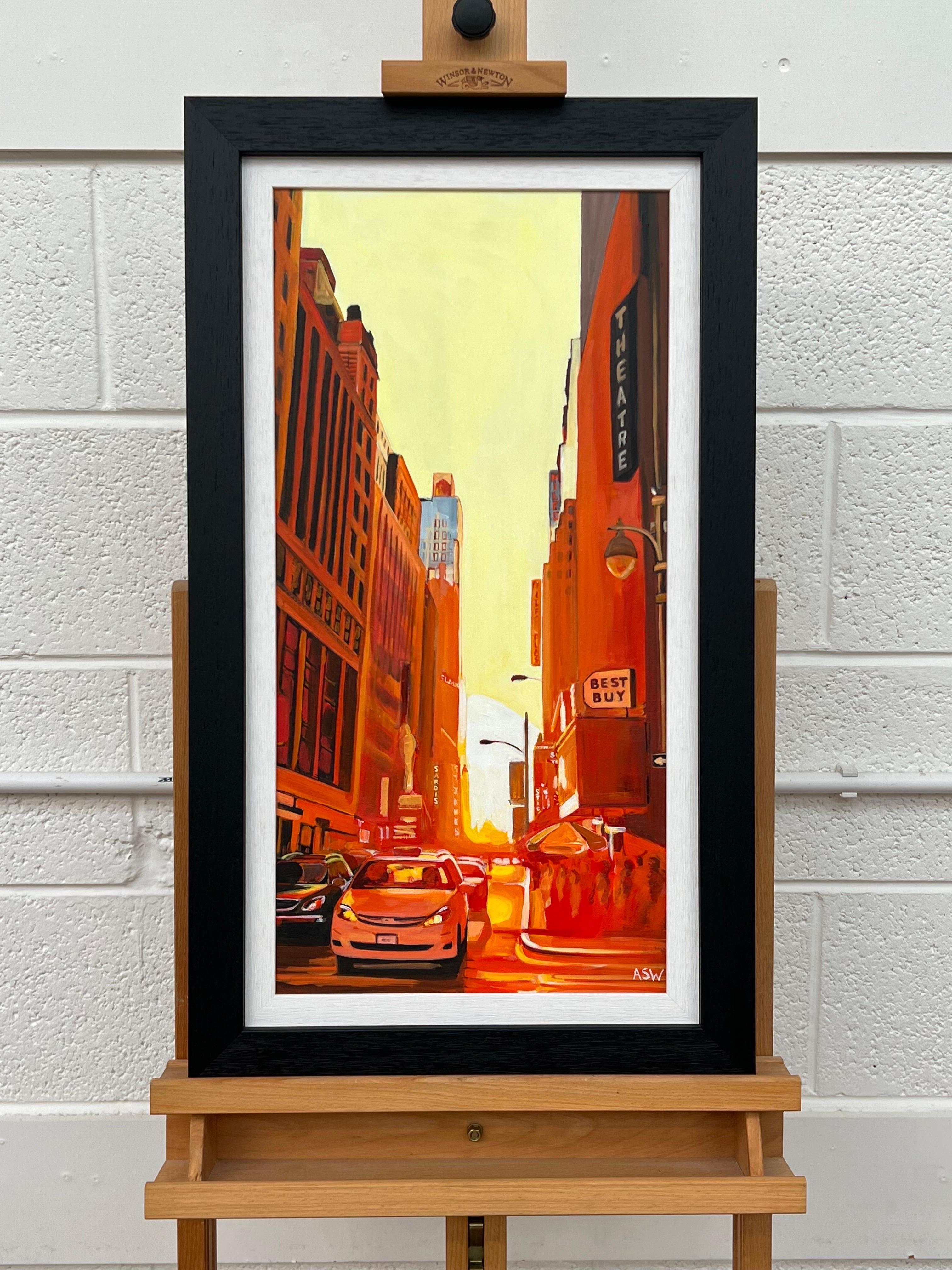 Straßenszene im Manhattan Theatre District New York City bei Sonnenuntergang von der britischen Künstlerin Angela Wakefield.

Kunst misst 12 x 24 Zoll
Rahmenmaß 16 x 28 Zoll

Wakefields Werk ist eine einzigartige Mischung aus Abstraktion und